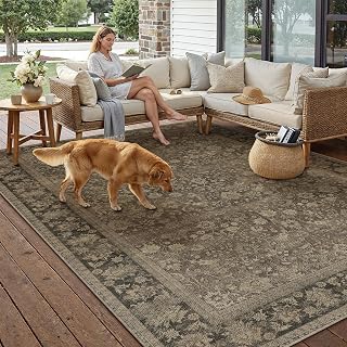6x9 Brown Linen Look Washable Area Rug for Living Room | Linen Look, Non Slip, Stain Resistant, Indoor Outdoor Rug for Entryway, Patio, Kitchen, High Traffic, Home Decor