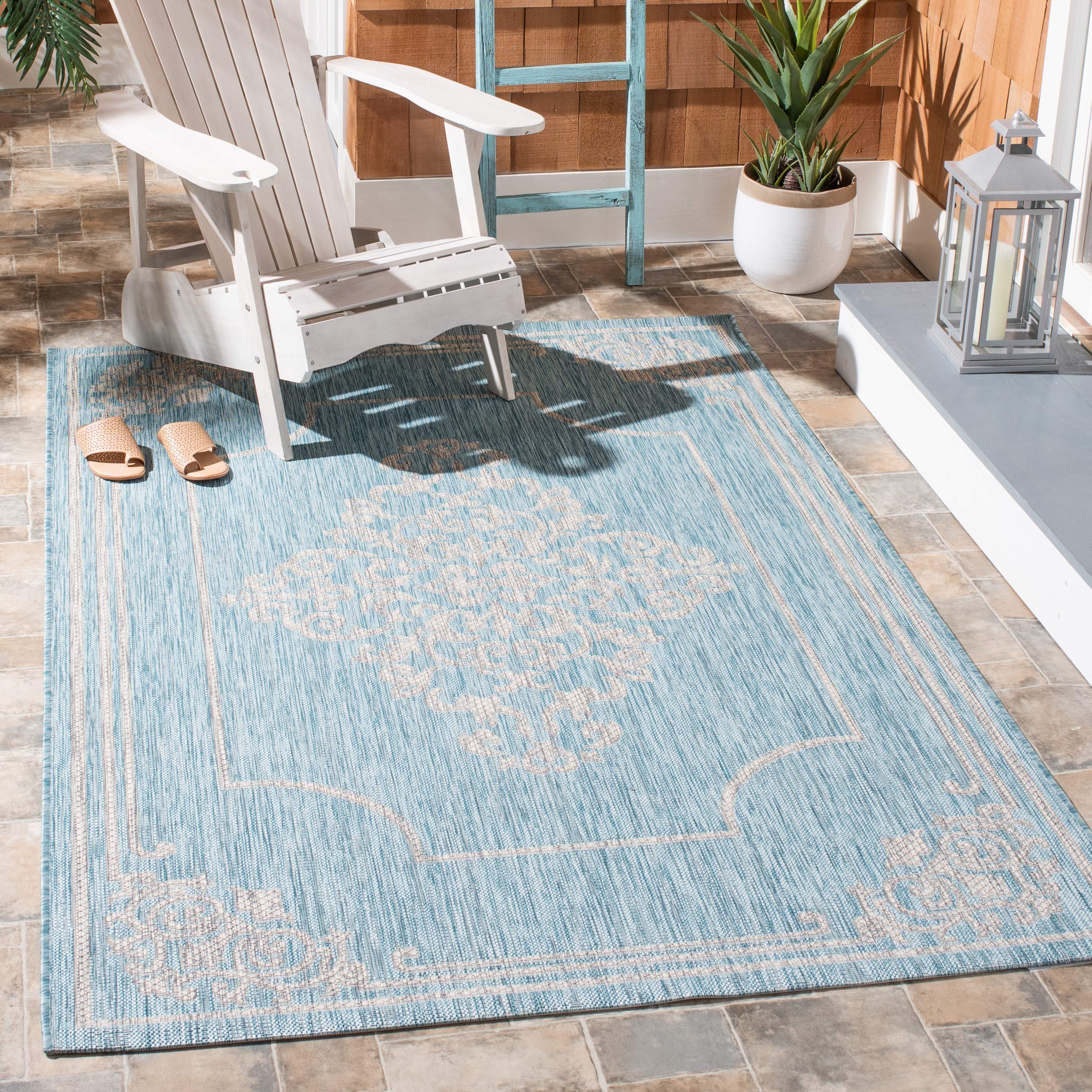 SAFAVIEH Courtyard Collection 8' x 11' Aqua/Grey CY8212 Indoor/ Outdoor Waterproof Easy Cleaning Patio Backyard Mudroom Area Rug