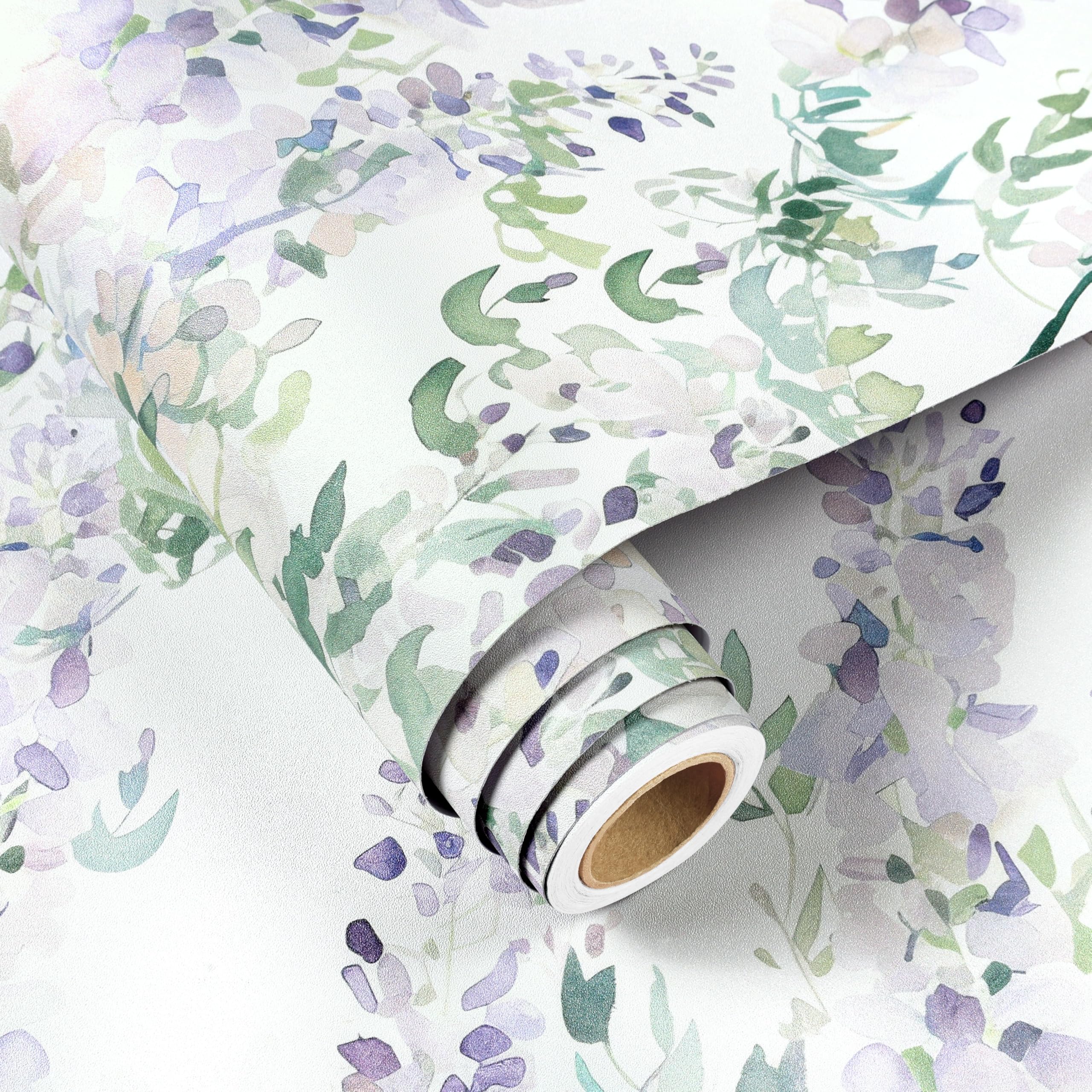 FunStick 44.5CM×9M Papel Pintado Autoadhesivo Pared Dormitorio Papel Adhesivo para Muebles Flores Violeta Lila Vinilo Adhesivo Armario Cocina Impermeable Revestimiento Pared Salon Flores Púrpura Claro