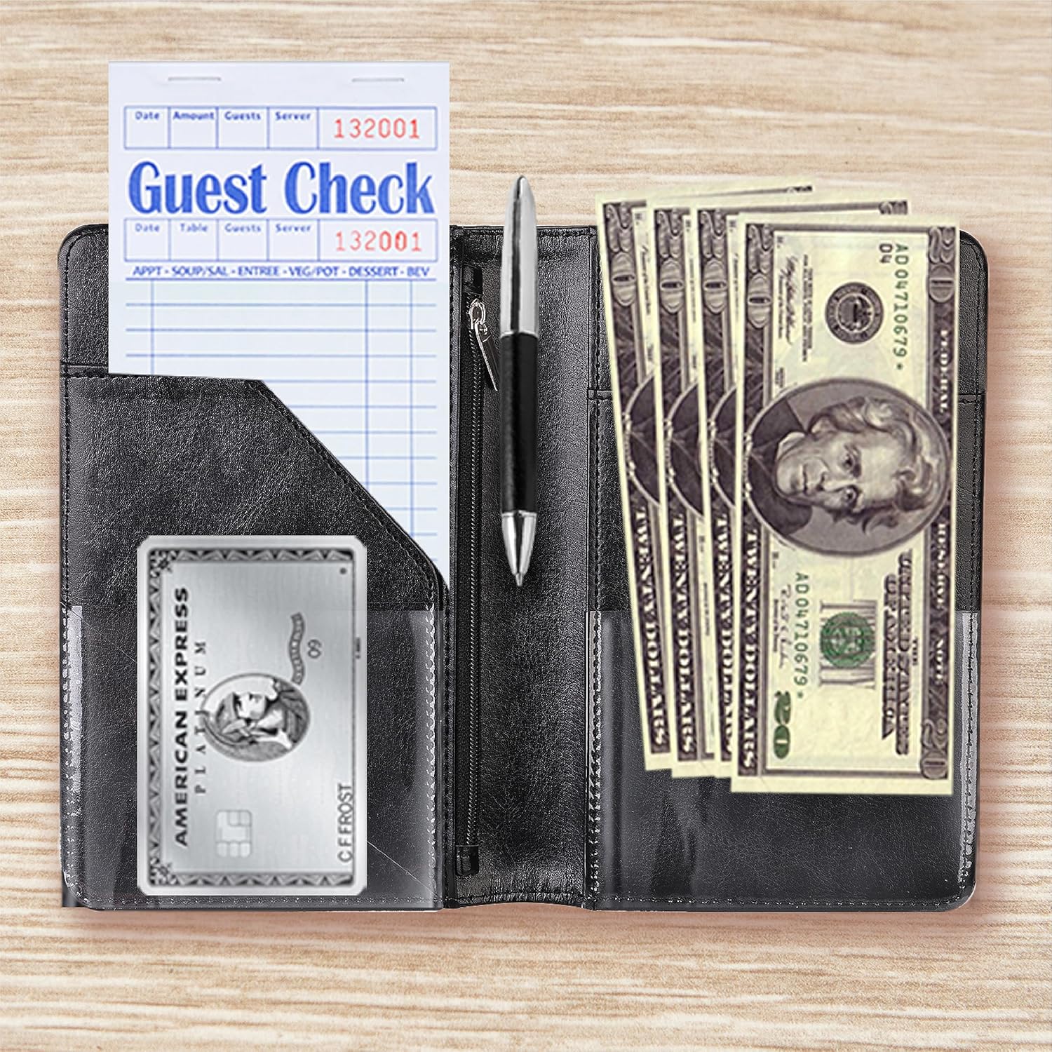 Black Server Books for Waitress Organizer - with Wine Opener, Server Book that Fits in Apron and Holds Receipts, Pocket Money and Guest Check, Waiter Book