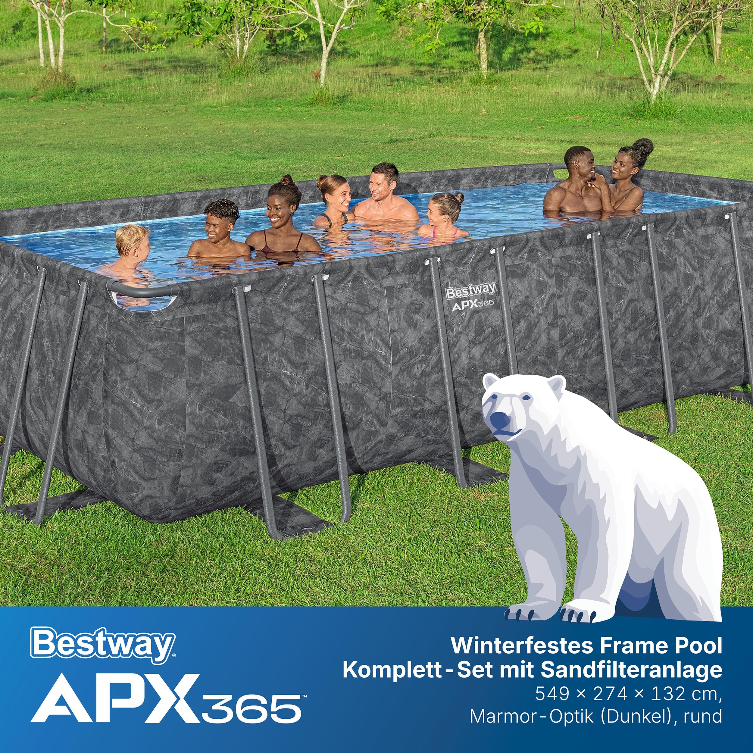 Bestway APX365 Winterfestes Frame Pool Set, Sandfilteranlage, 549 x 274 x 132 cm, 16.477 L, Stahlrahmen, Polar-Shield, Dunkle Marmor-Optik, Sicherheitsleiter, Abdeckplane, Werkzeugloser Aufbau, DEKRA