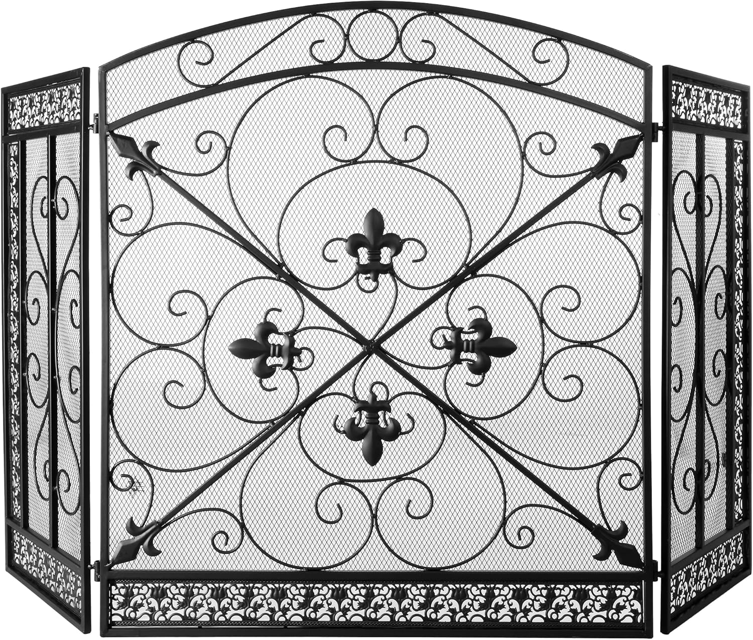 BEAMNOVA Black Decorative Fireplace Screen, 52.4 x 30.7 in, Heraldic Lily, 3-Panel Freestanding Folding Spark Guard Mesh, Heavy-Duty Fire Screen for Indoor Fireplaces Outdoor Fire Pits