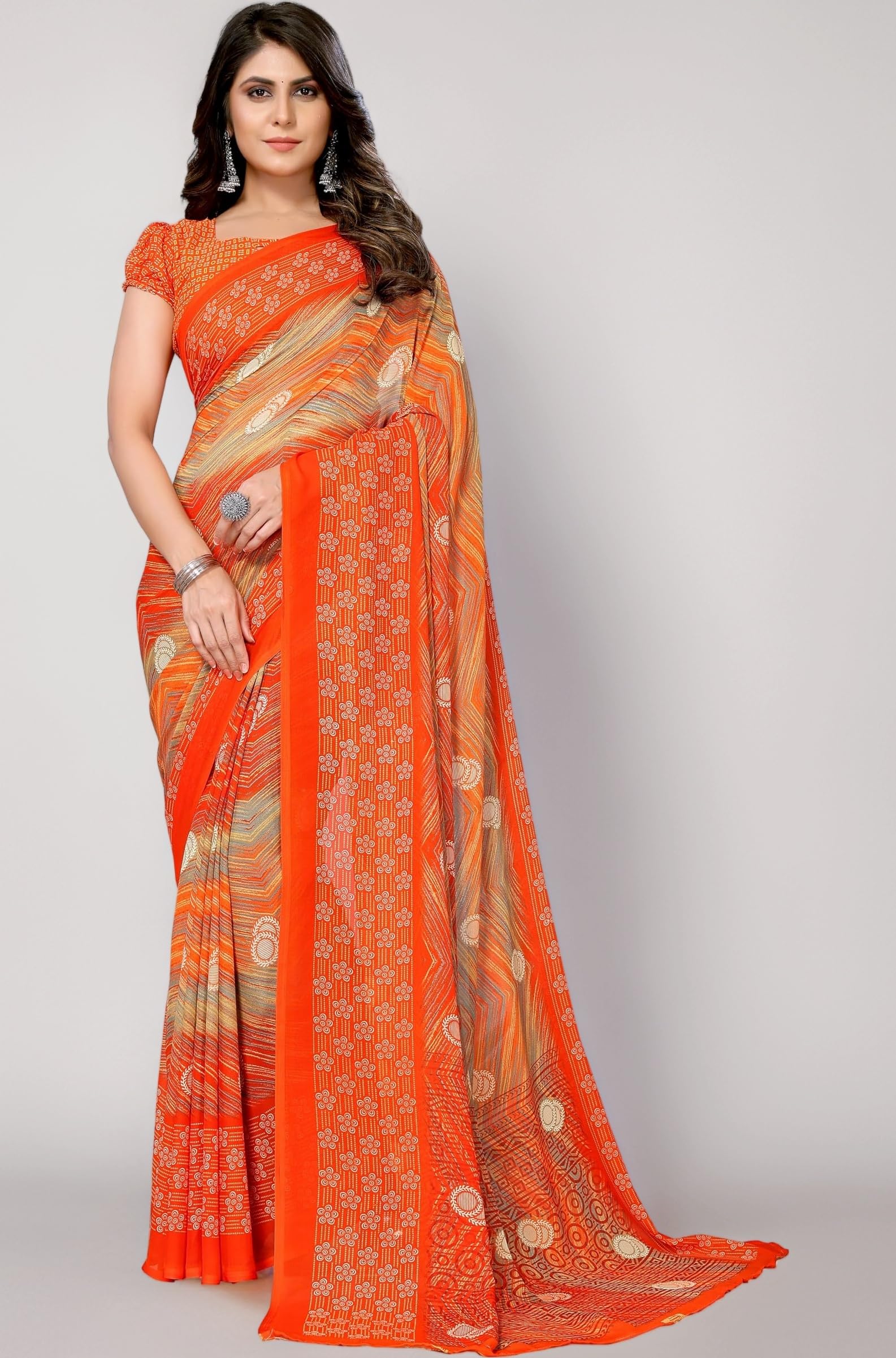 Women's Trendy Printed Georgette Red Color Saree with Blouse Material