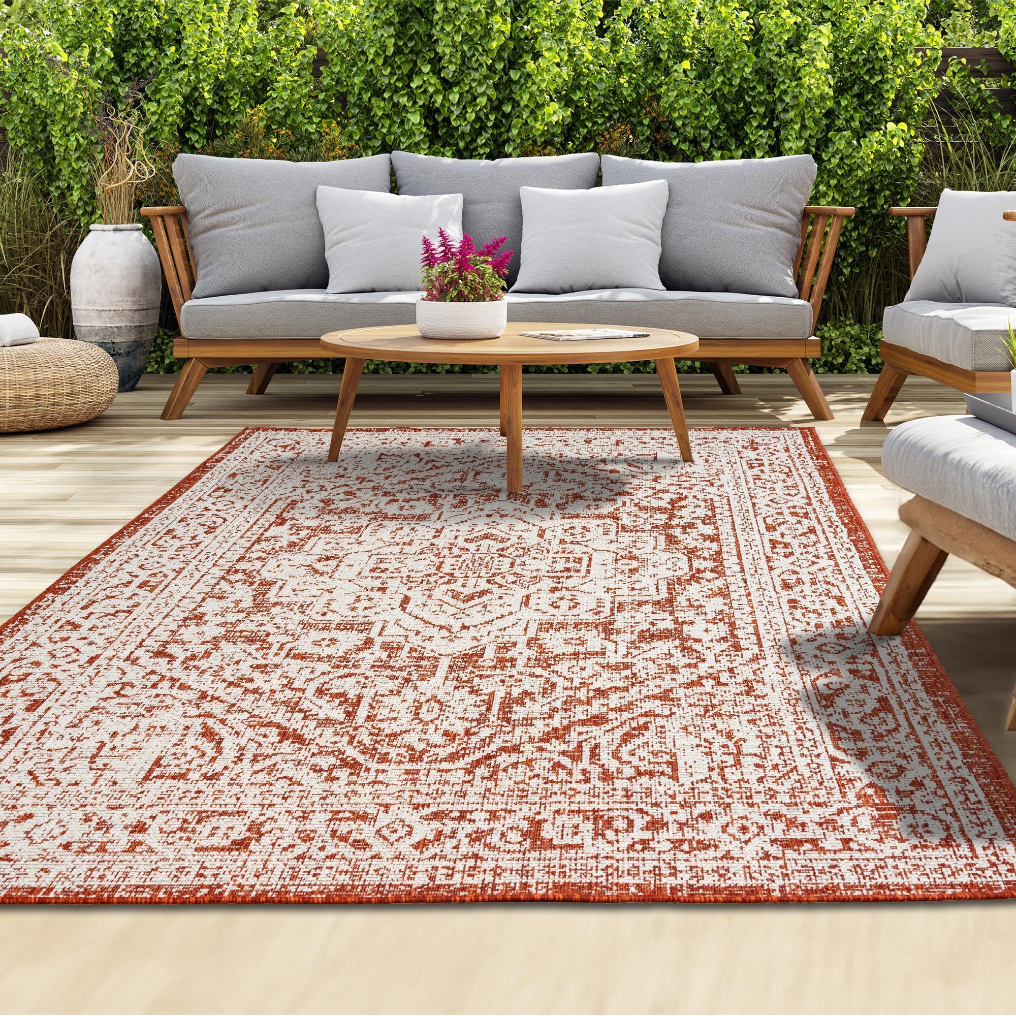 homeart Outdoor Rug - Easy-Clean, Durable, Stain-Resistant, Weather & UV Resistant Indoor & Outdoor Rugs for Porch, Deck, Balcony, Garden, Picnic and Patio | Medallion Terra, Cream - 80x150cm