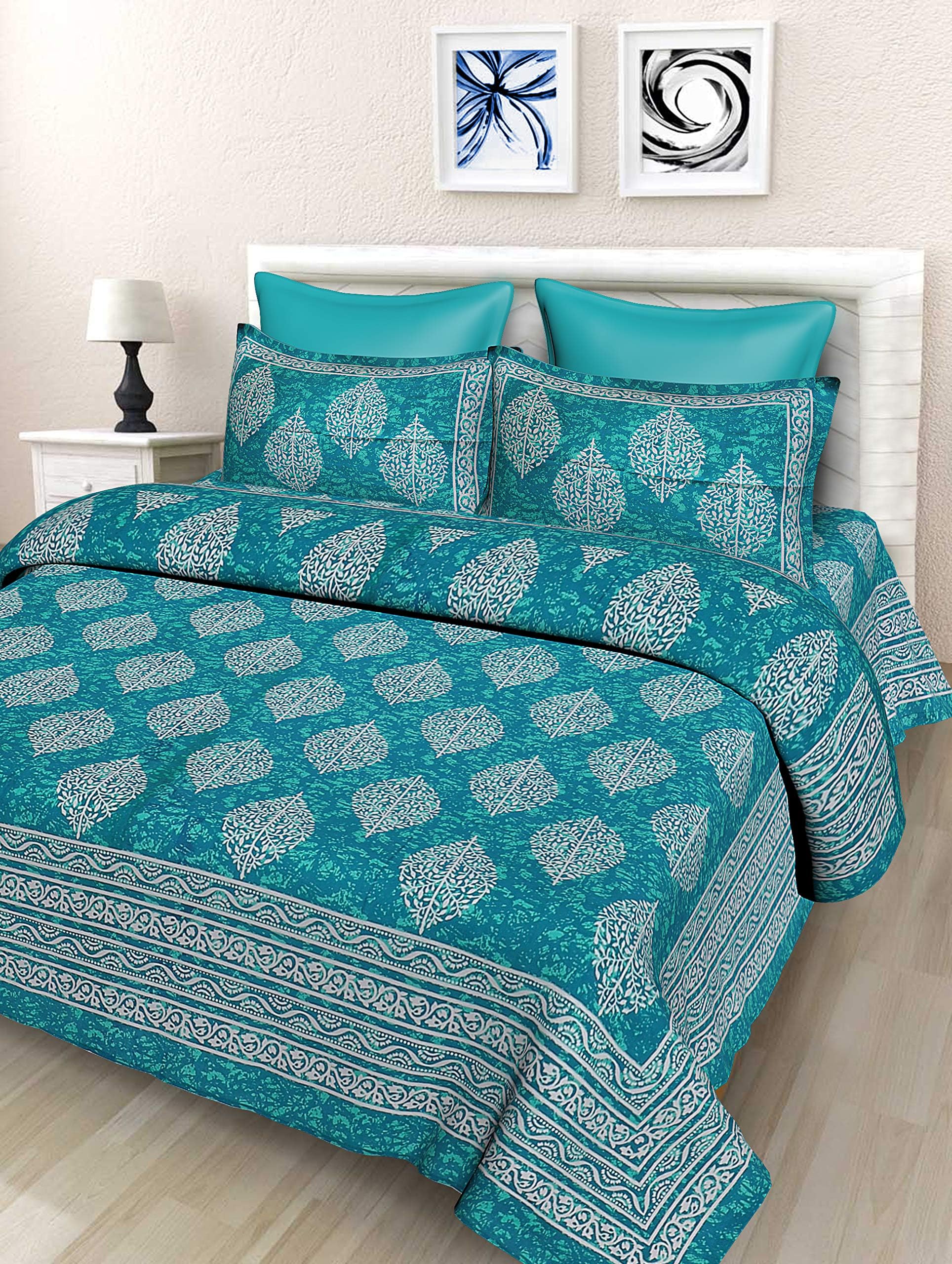SheetKart 144 TC Cotton Printed Jaipuri Bedsheet Double Bed with 2 Pillow Covers, Sea Green, 144-200 tc