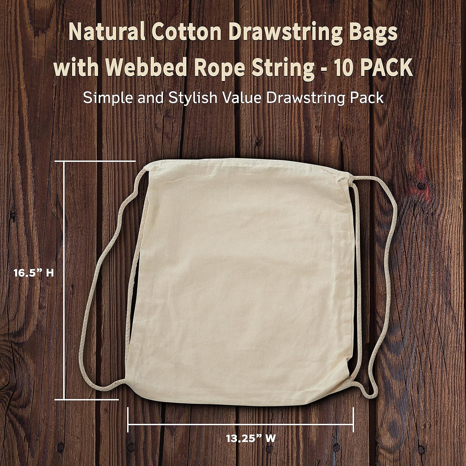 DISCOUNT PROMOS 10 Cotton Drawstring Bags Set - Durable, Minimalist, Simple, Reusable - Natural