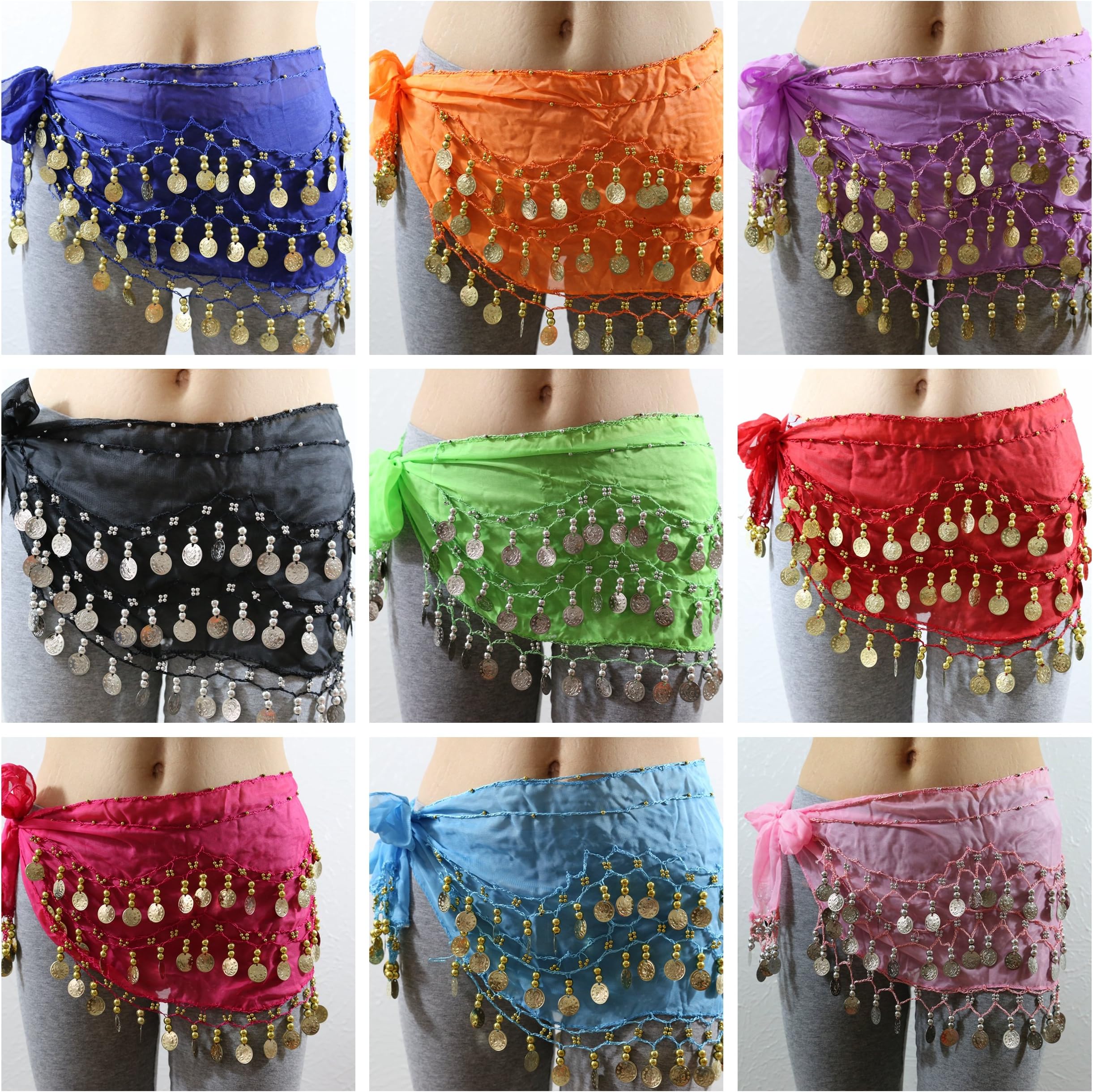 12 Pcs Mixed Colors Wholesale Belly Dancing Voile Dance Hip Belt Wrap 98 Coins US Seller