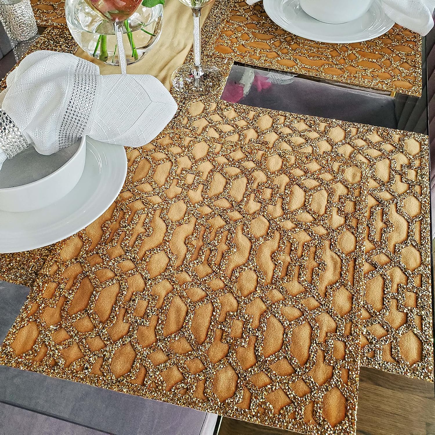 Lattice Placemat, Sparkling Rhinestones, Velvet, Intricate Raised Design, for Formal Dining Tables Setting, Events, Wedding, Silver, 14", Sold Individually