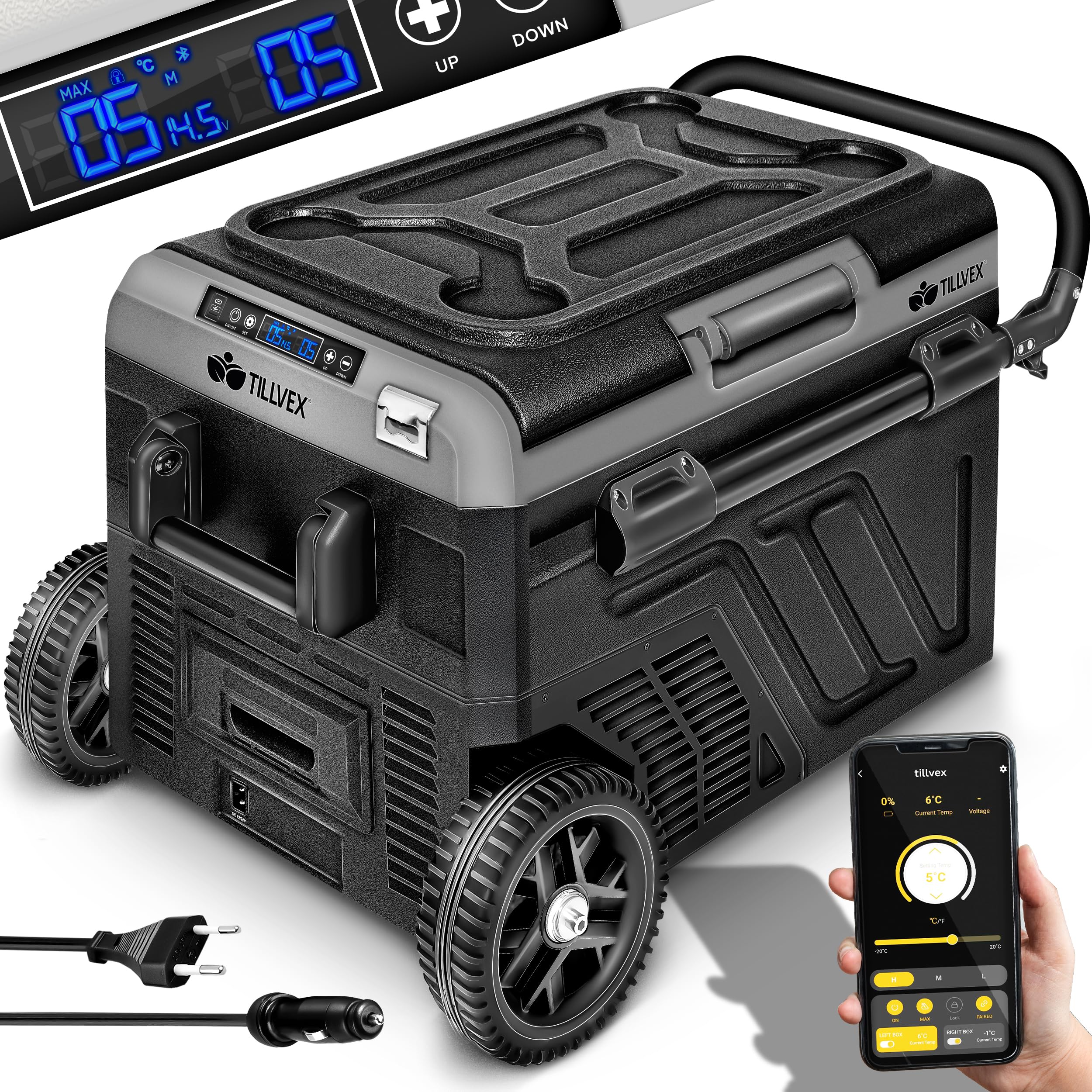 tillvex® Nevera eléctrica de compresor de 50 litros | Congelador eléctrico con control WIFI-APP, puerto USB y voltajes de 12/24 V y 230V | Refrigerador hasta -20 °C para automóviles, camping