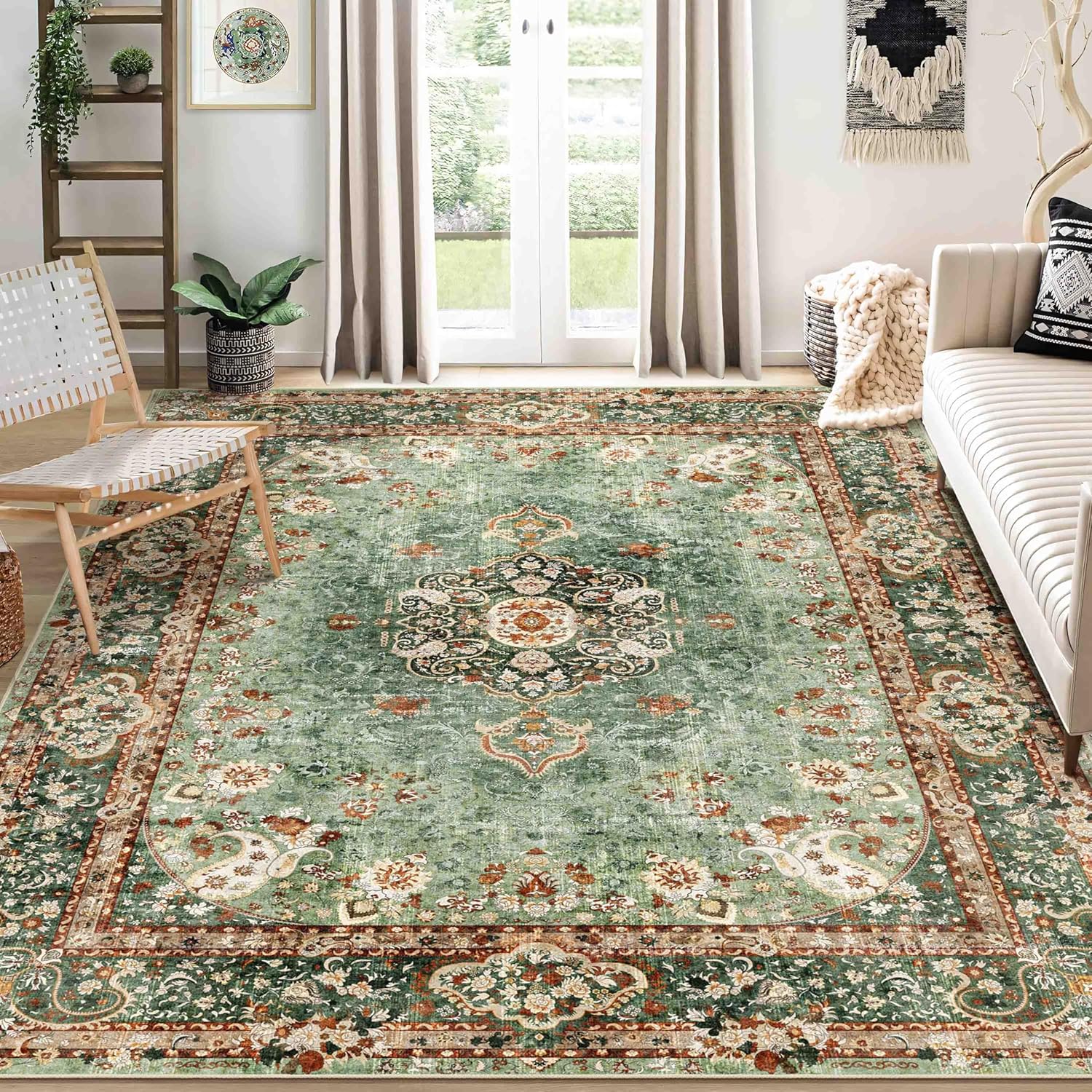 8x10 Area Rugs Washable,Green Rug for Living Room Bedroom Dining Room,Large Boho Vintage Bohemian Distressed Oriental Carpet Non Slip 8'x10' Green