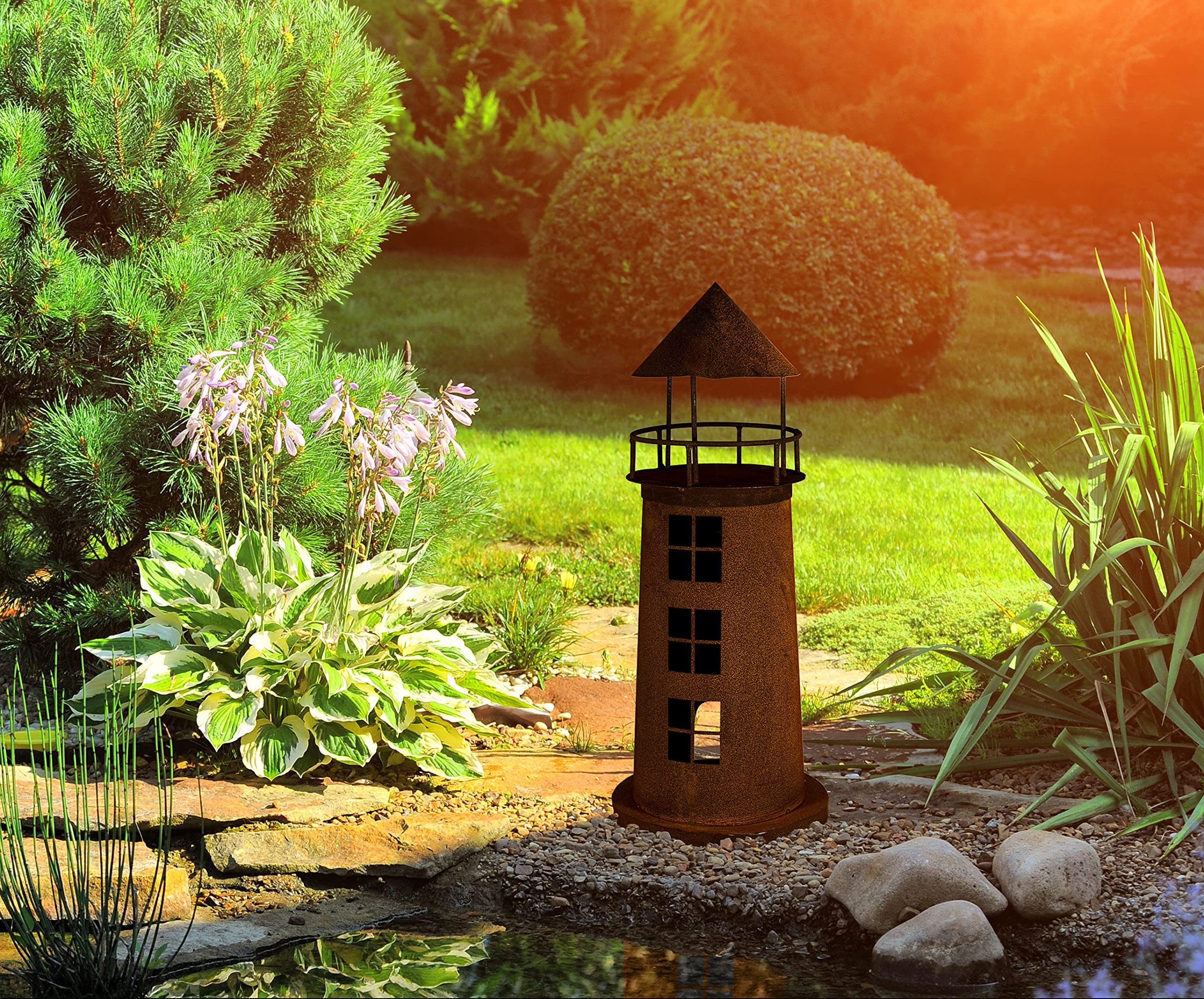 Leuchtturm Deko Skulptur für Garten, Terrasse oder Balkon - Metall Edelrost Teich Deko Maritim