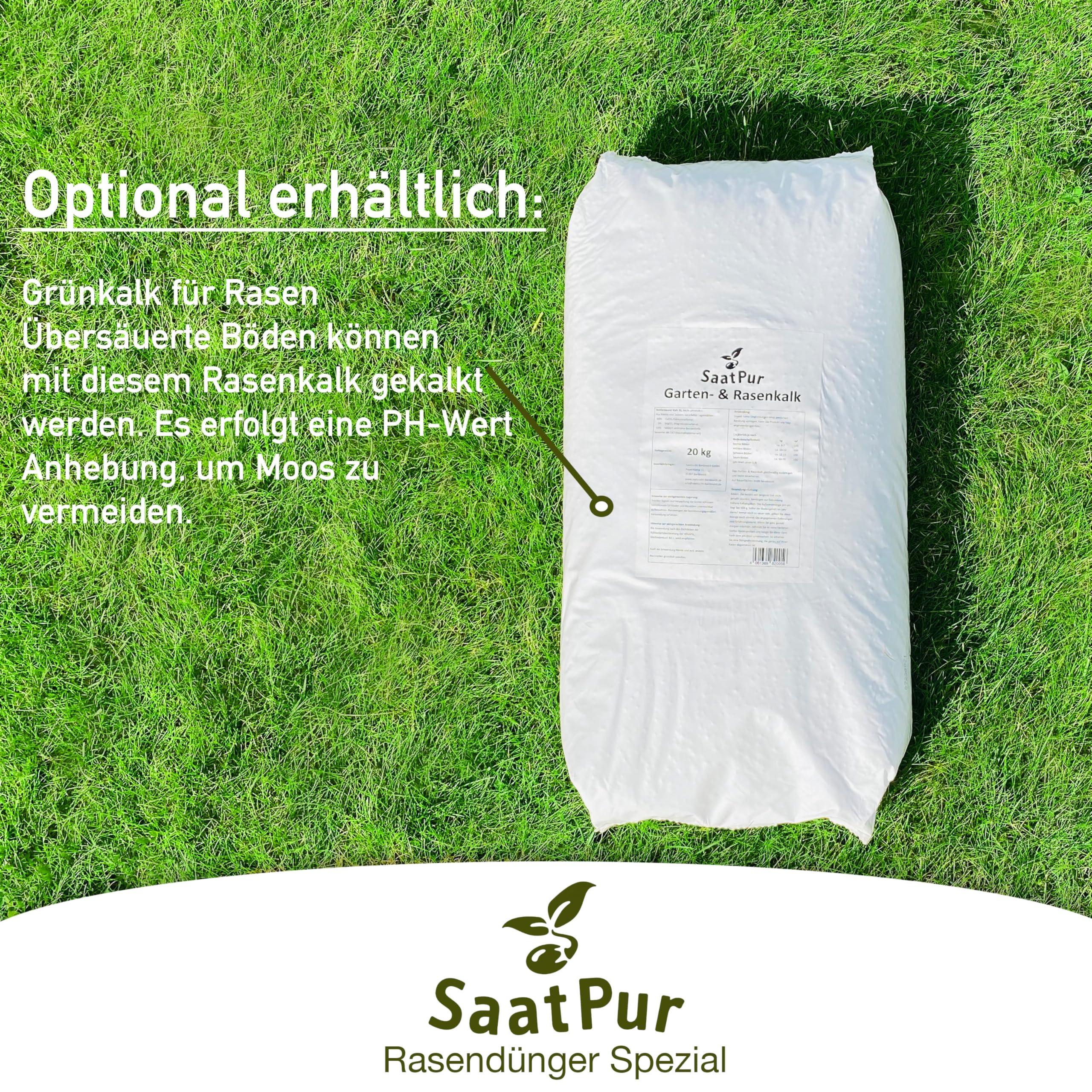 SaatPur Rasendünger Spezial 20 kg, ca. 500 m², NPK-Dünger 11+3+5(+2)+0,1 Eisen, Starterdünger, pflanzlich organisch-mineralisch Sofort- und Langzeitdünger ca. 3 Monate, Granulat für Frühjahrsdünger