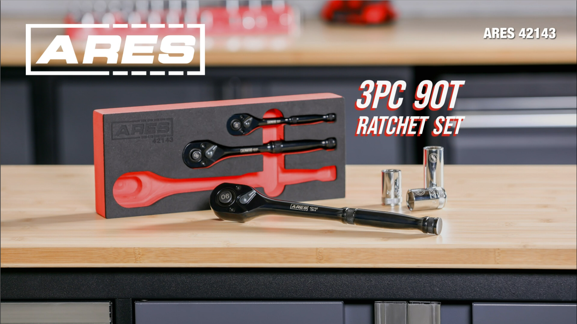 ARES 42143-3-Piece 90 Tooth Ratchet & Socket Set, 1/4, 3/8, 1/2