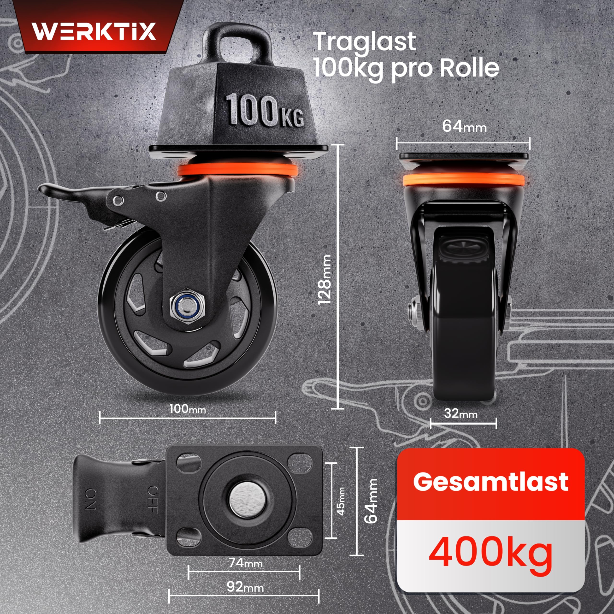 Schwerlastrollen 100mm – 4er Premium Set - 400kg Tragfähigkeit | 360° Lenkrollen für Möbel, Werkstatt & Industrie – Leise & Outdoor geeignet mit Dual-Bremse (Doppelstopp)