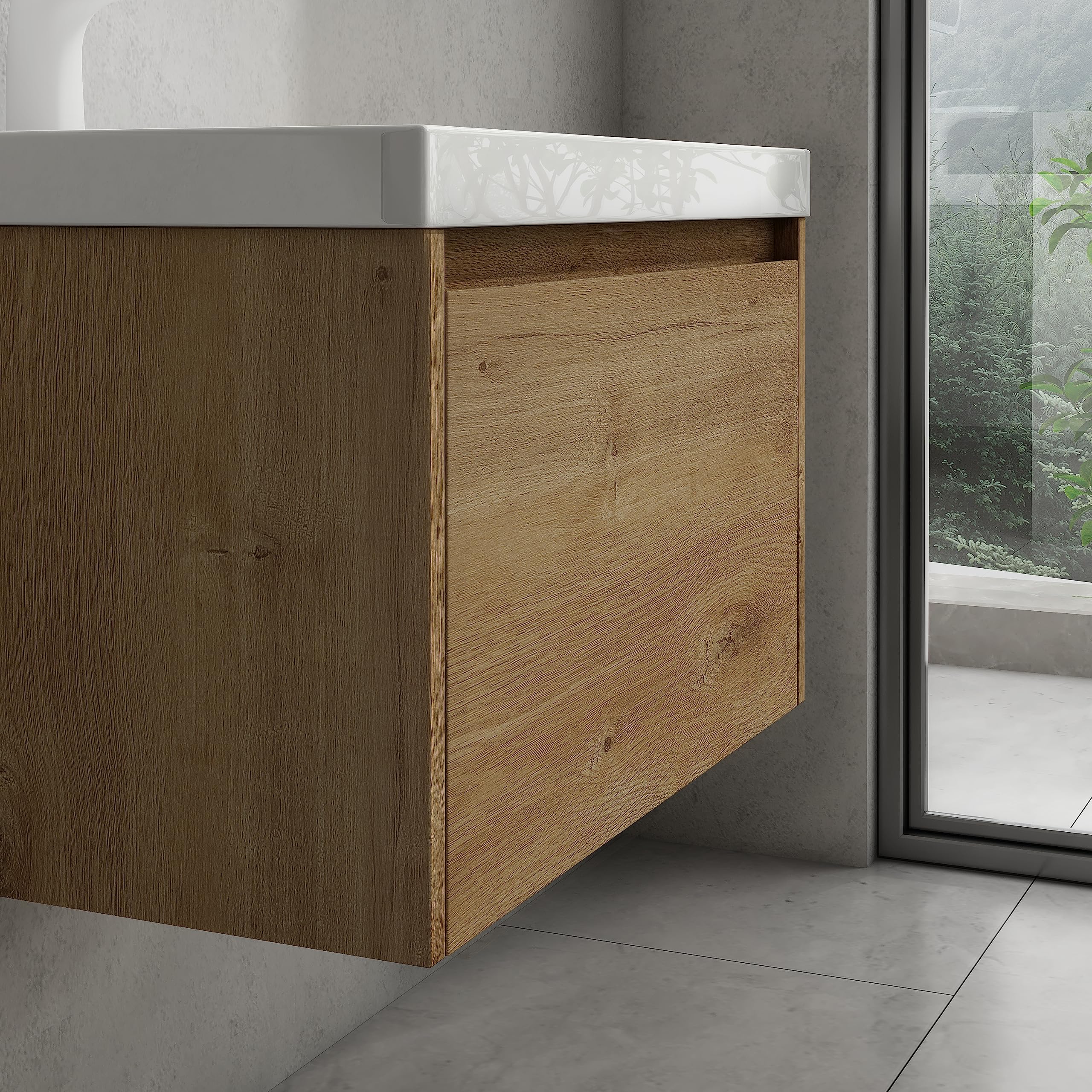 doporro Meuble de Salle de Bains Marron Clair Ensemble de 2 Pièces Meuble Suspendu avec Lavabo 80cm avec Soft-close Design Salerno