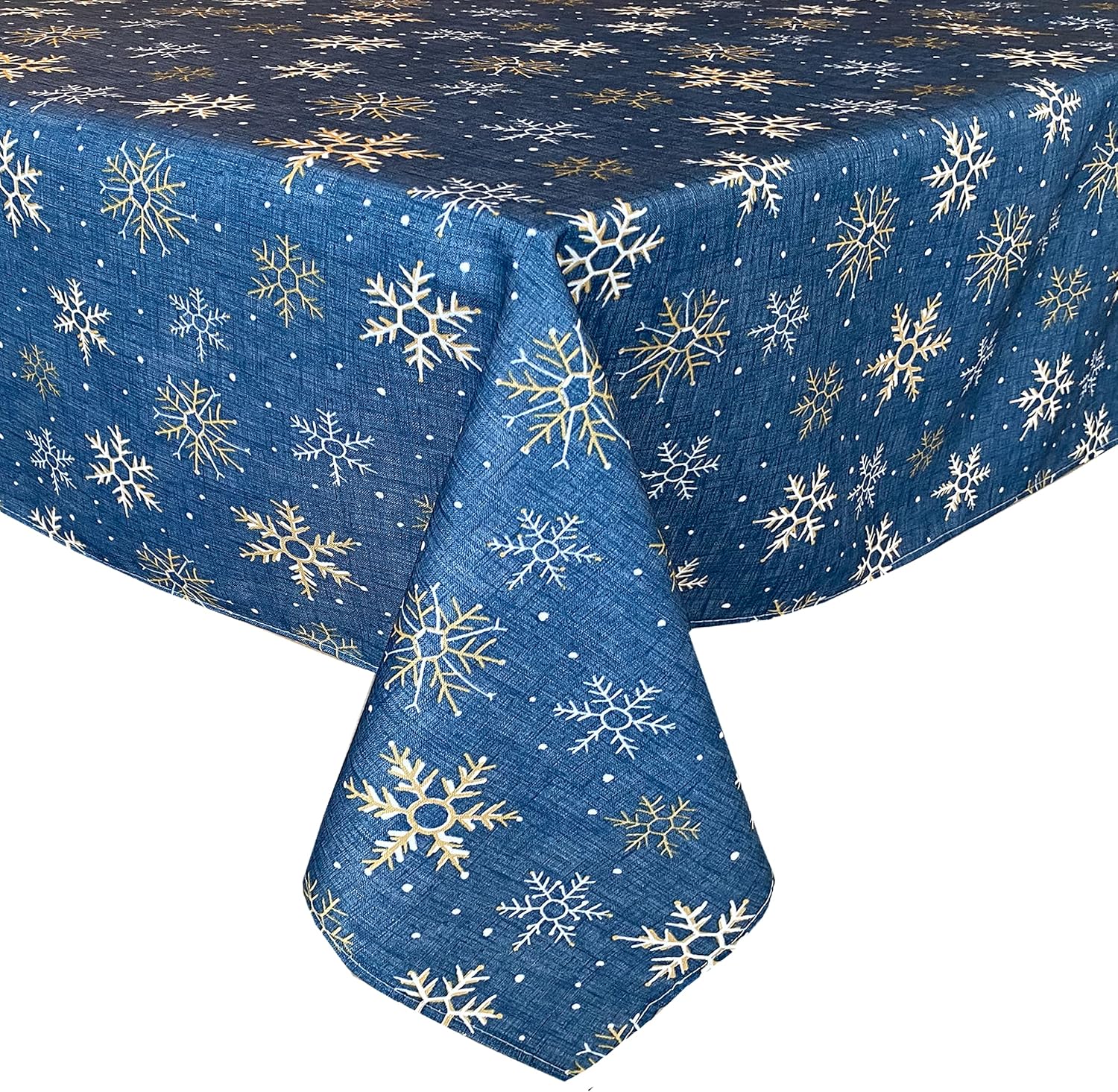 Lintex Blue Farmhouse Snowflake Fabric Christmas Tablecloth - Blue, Gold and White Country Rustic Holiday Tablecloth, 60” x 120” Oblong/Rectangle