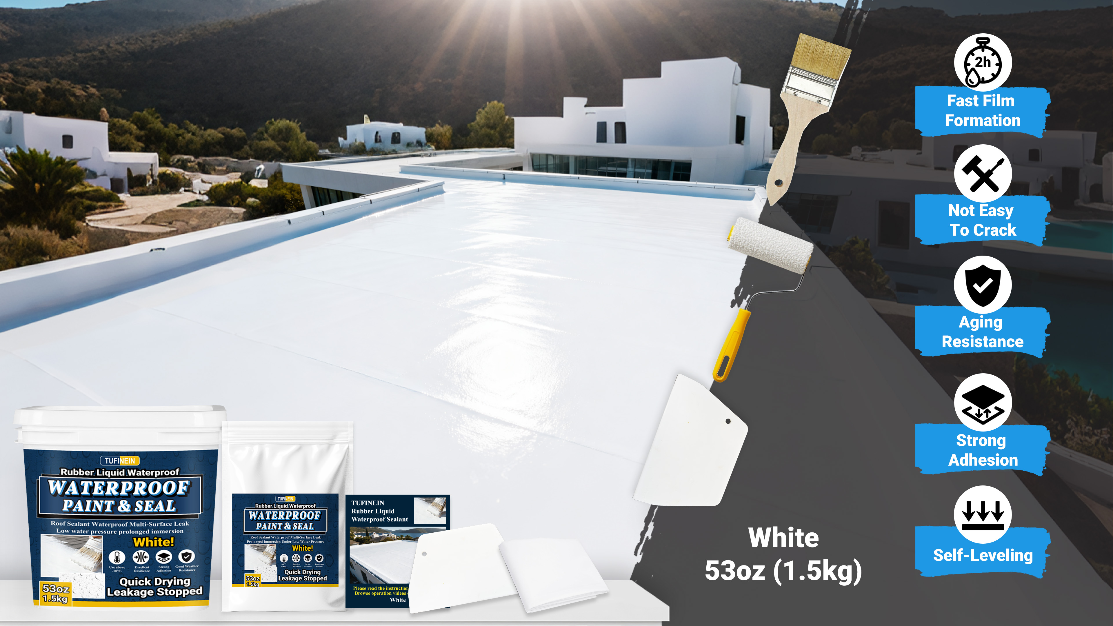 Image of Rubber Liquid Waterproof Sealant, TUFINEIN 53oz /1.5kg White Quick Drying Multi Surface Foundation Leak Repair - Roof Gutters Basement Sealer Waterproof - Indoor & Outdoor Flexible Rubber Paint