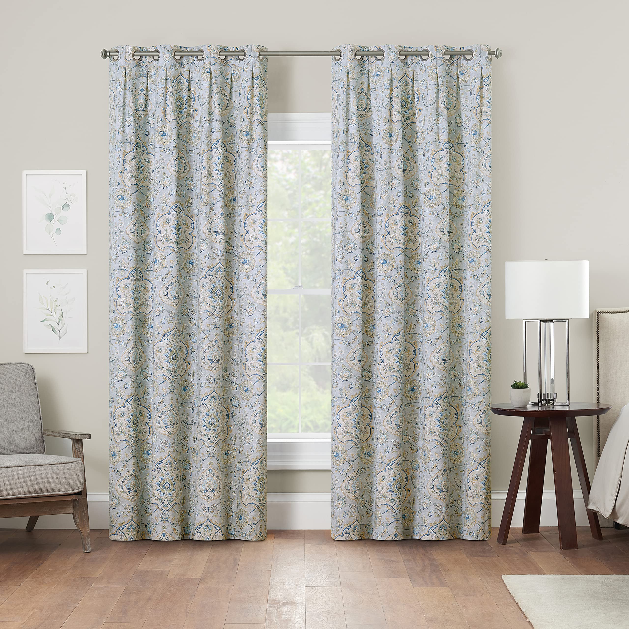 Waverly Flying Carpet Pleated Damask Grommet Window Sheer Curtain for Living Room (1 Panel), 50 in x 95 in, Blue Sage