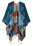 Women's Printed Tassel Open front Poncho Cape Cardigan Wrap Shawl