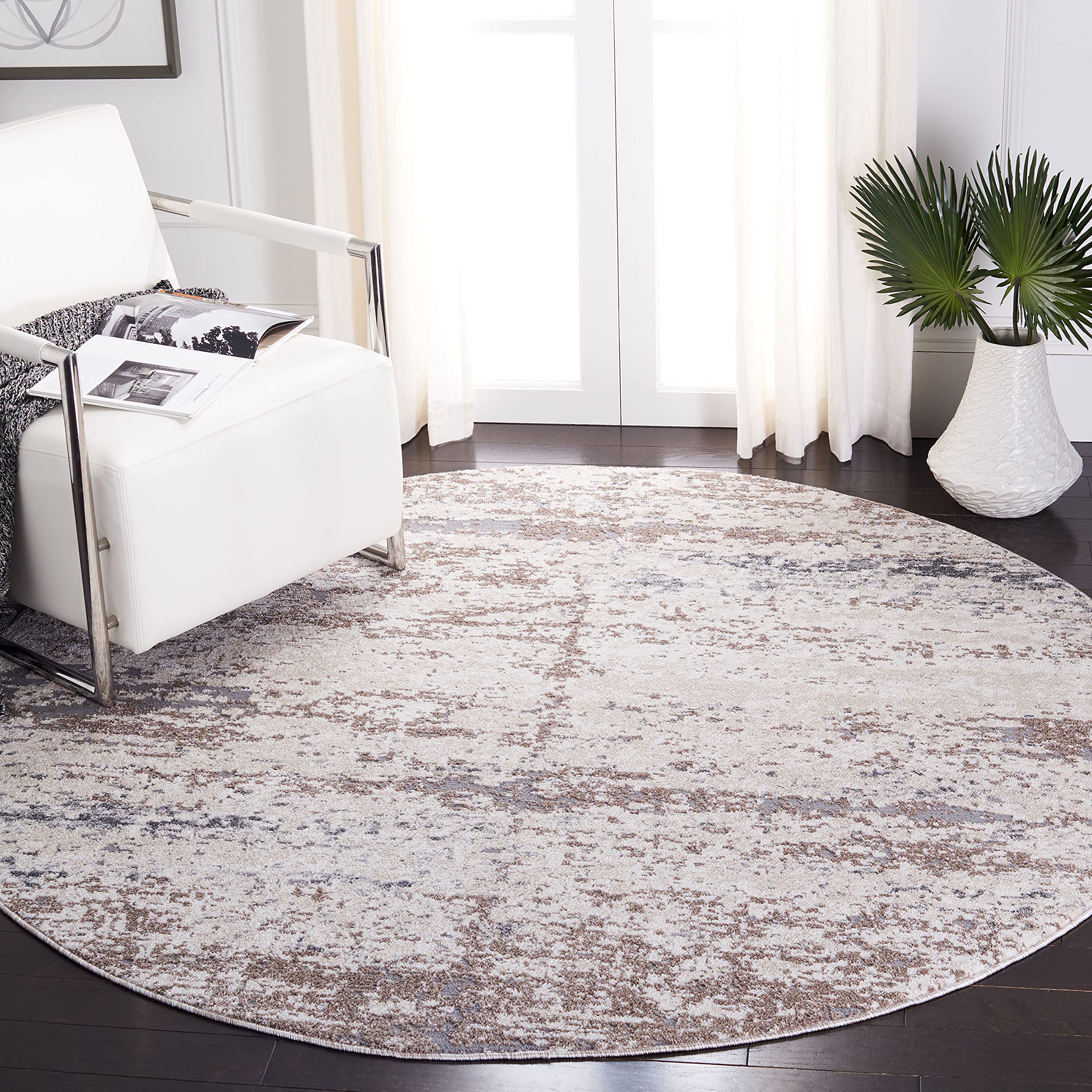 SAFAVIEH Aston Collection 6'7" Round Ivory/Grey ASN799A Modern Abstract Non-Shedding Dining Room Entryway Foyer Living Room Bedroom Area Rug