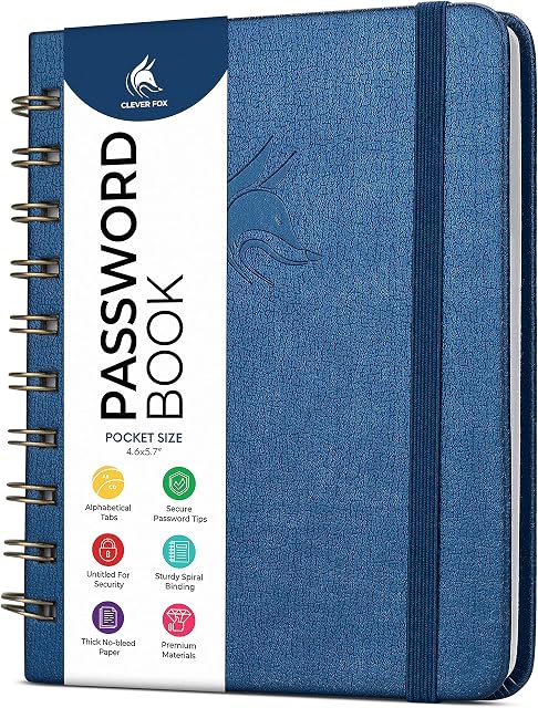 Clever Fox Password Book Spiral  Mini Internet Address & Password Organizer with Laminated Alphabetical Tabs  Small Password Keeper Journal  Hardcover, Pocket Size, 12x14.5cm (Mystic Blue)