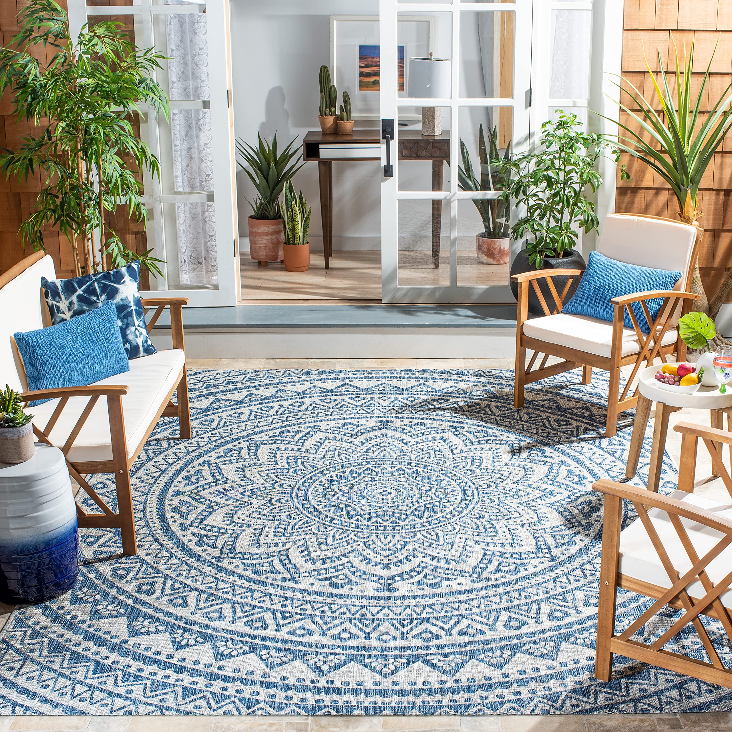 SAFAVIEH Washable Rug Outdoor Courtyard Collection - 8' x 10', Light Grey & Blue, Non-Shedding & Easy Cleaning, Ideal for Patio, Backyard, Mudroom,
