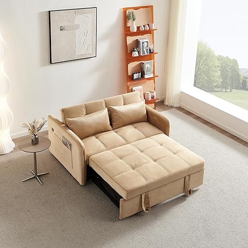 Miniatura 8 de Quarte Sofá cama extraíble de 55.5 pulgadas, moderno sofá biplaza de terciopelo con 2 almohadas lumbares, bolsillos y USB para sala de estar pequeña