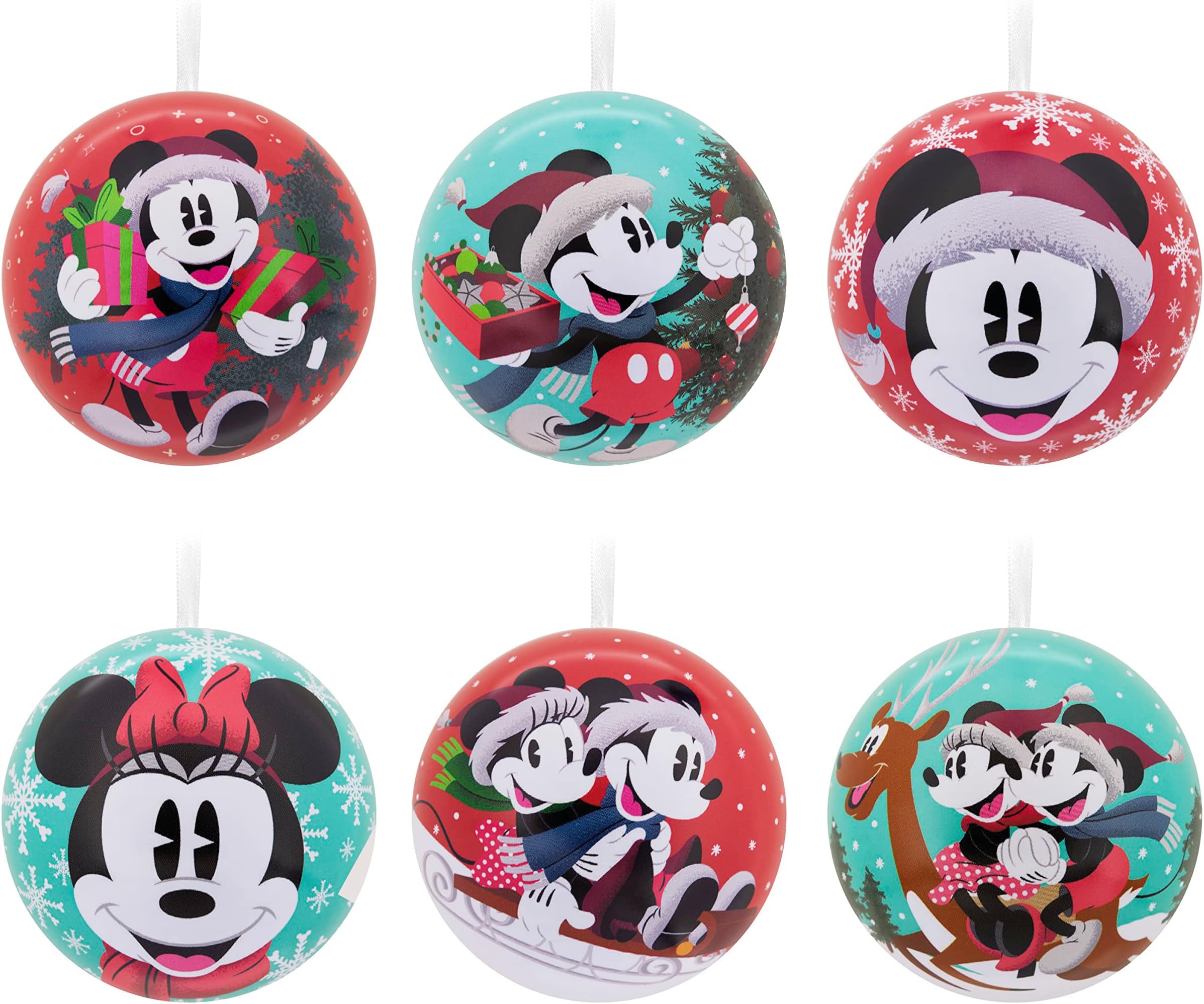 Disney Mickey Mouse and Disney Minnie Mouse Christmas Ornaments, Tin Ball, Set of 12