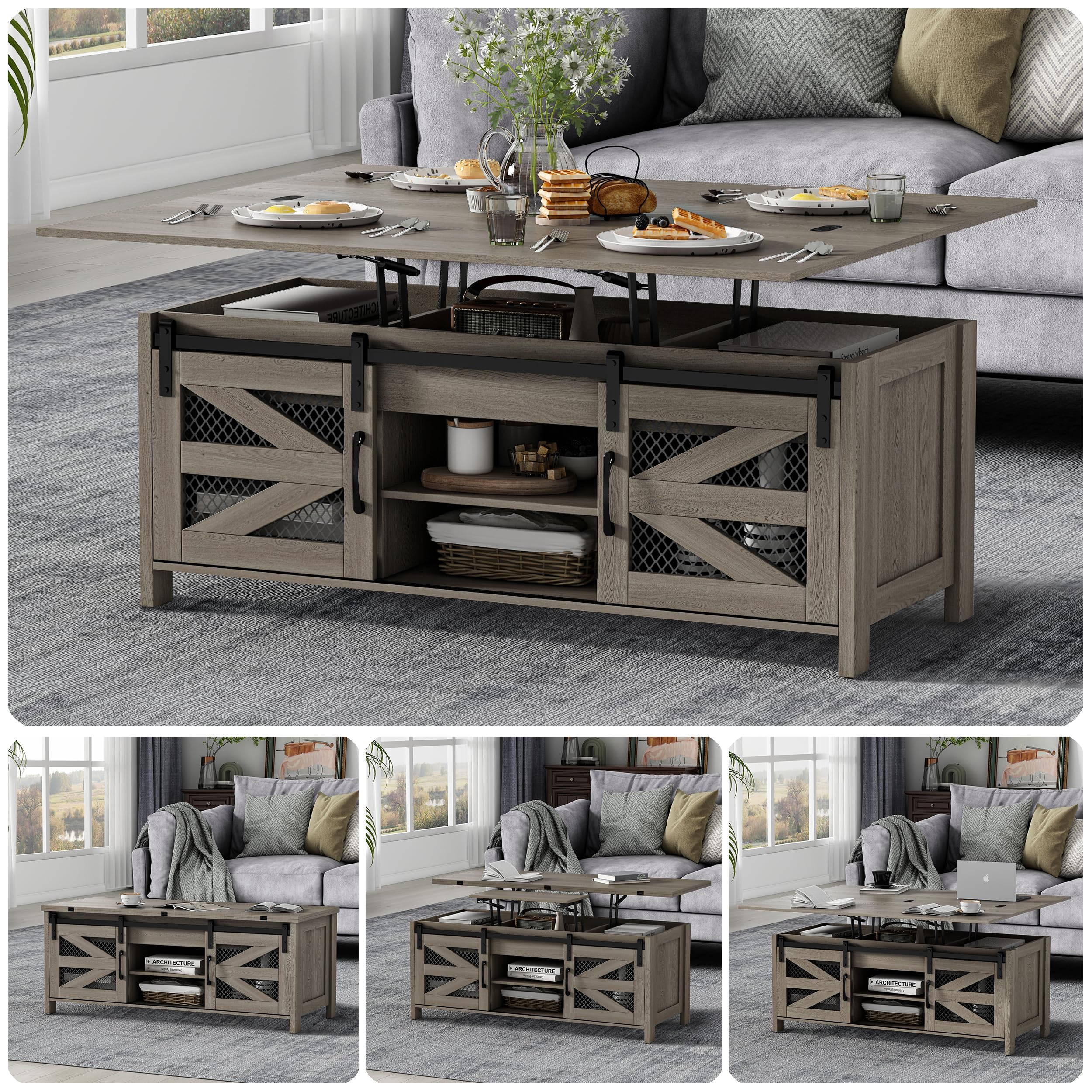 wanan 47.2" Lift Top Coffee Table, 4 in 1 Farmhouse Coffee Table with Sliding Barn Doors, Coffee Tables for Living Room, Dining Room (Grey)
