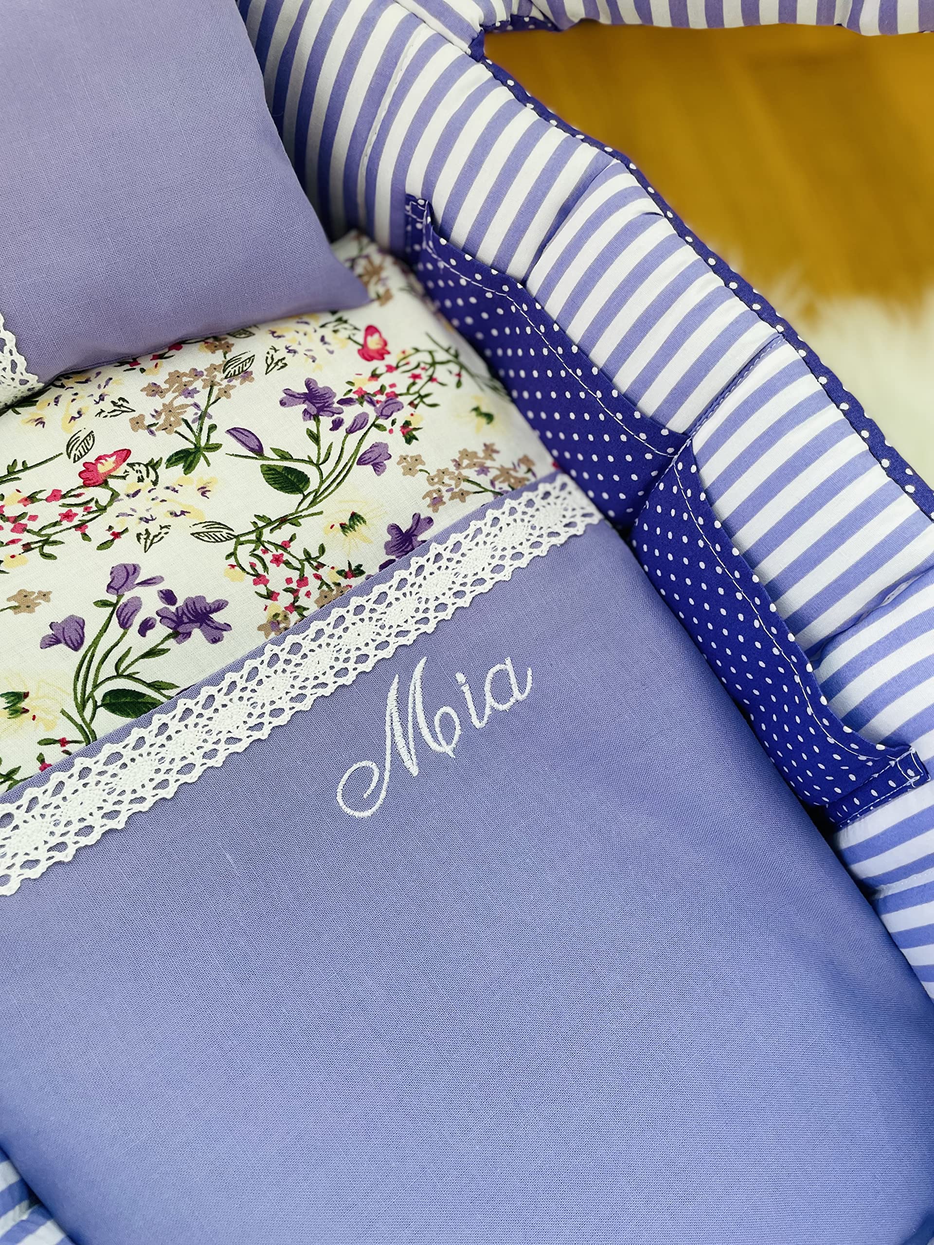 Puppentragetasche für Puppen 30-35cm mit Bettwäsche, Lila, Personalisierung, Waschbar
