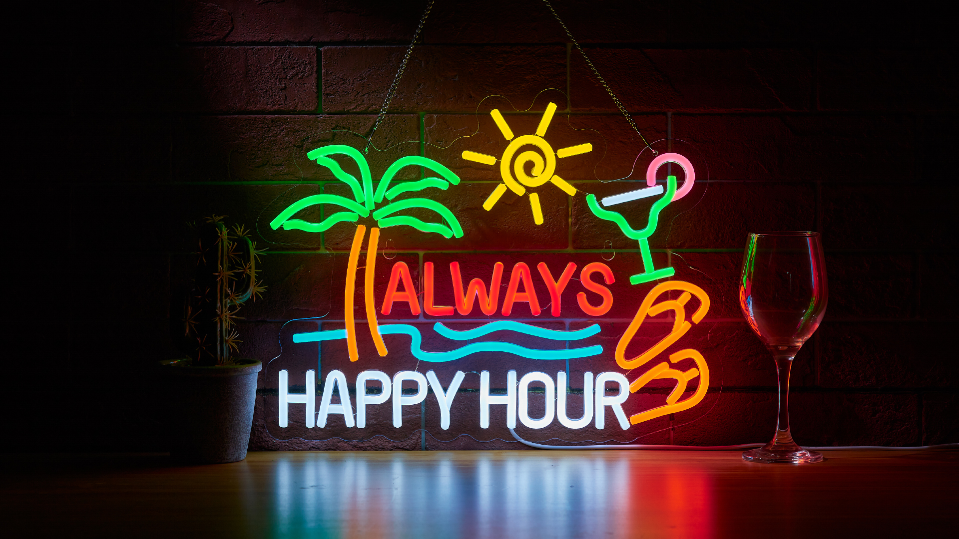 Always Happy Hour Beer Bar Neon Sign for Wall Décor Dimmable USB