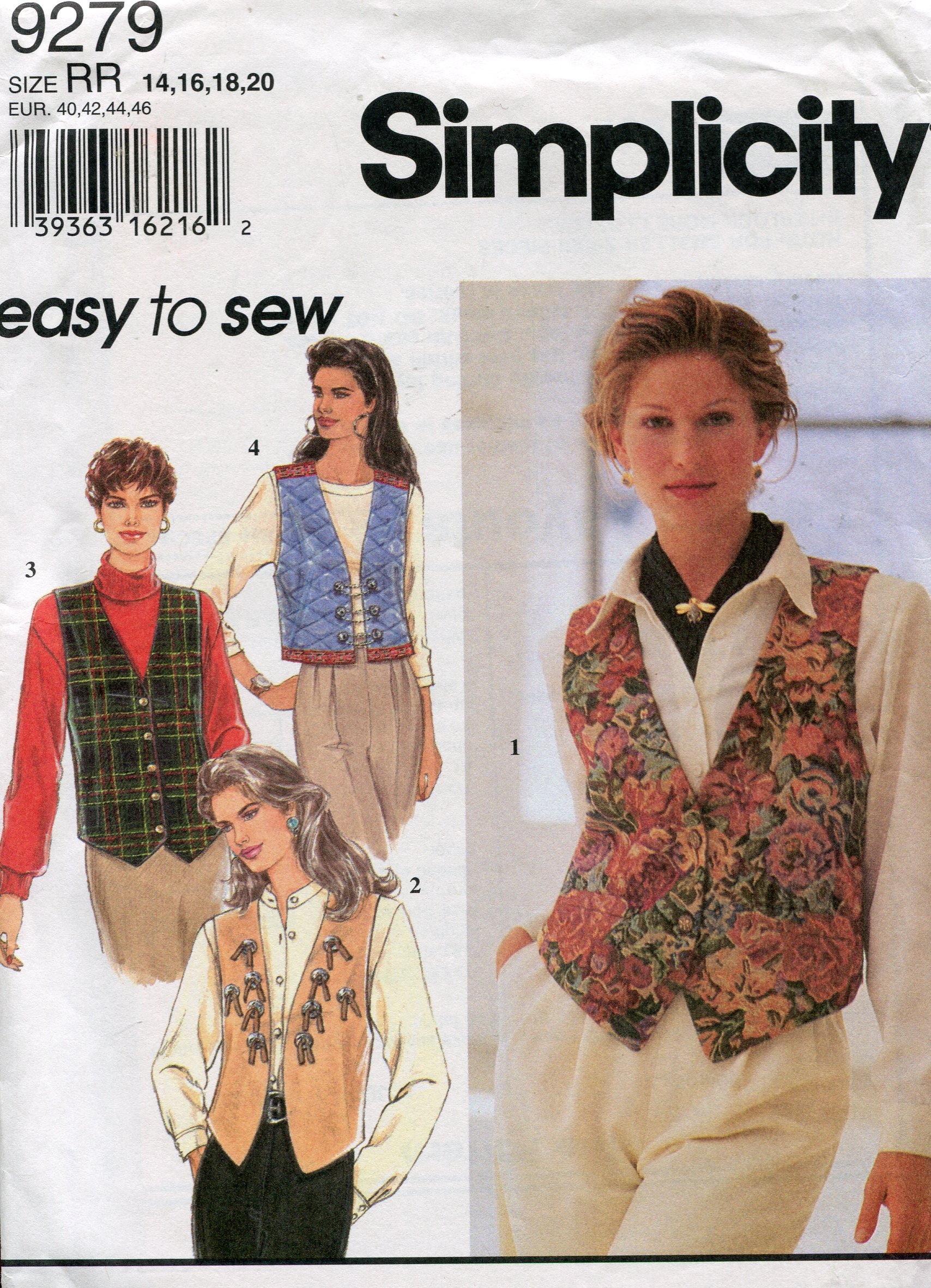 Simplicity Sewing Pattern 9279 Misses' Lined Vests with Trim Variations, Size RR (14 16 18 20)