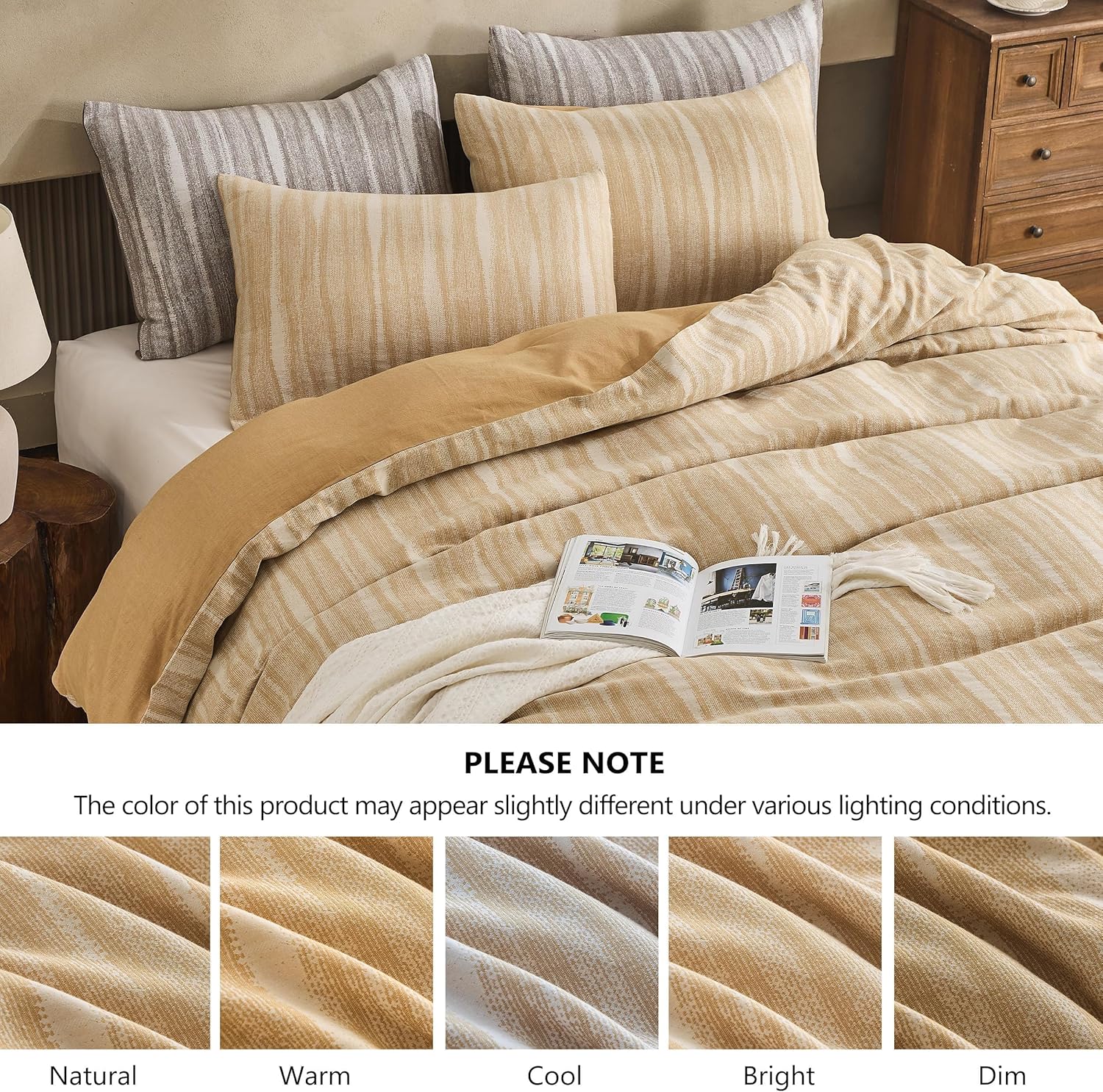 Simple&Opulence 100% Cotton Yarn-Dyed Jacquard Duvet Cover Queen Size, 3 Pcs Ripple Duvet Cover Set with 7 Inner Ties, Soft Breathable Bedding Set for All Seasons (Yellow, 88" x 92")