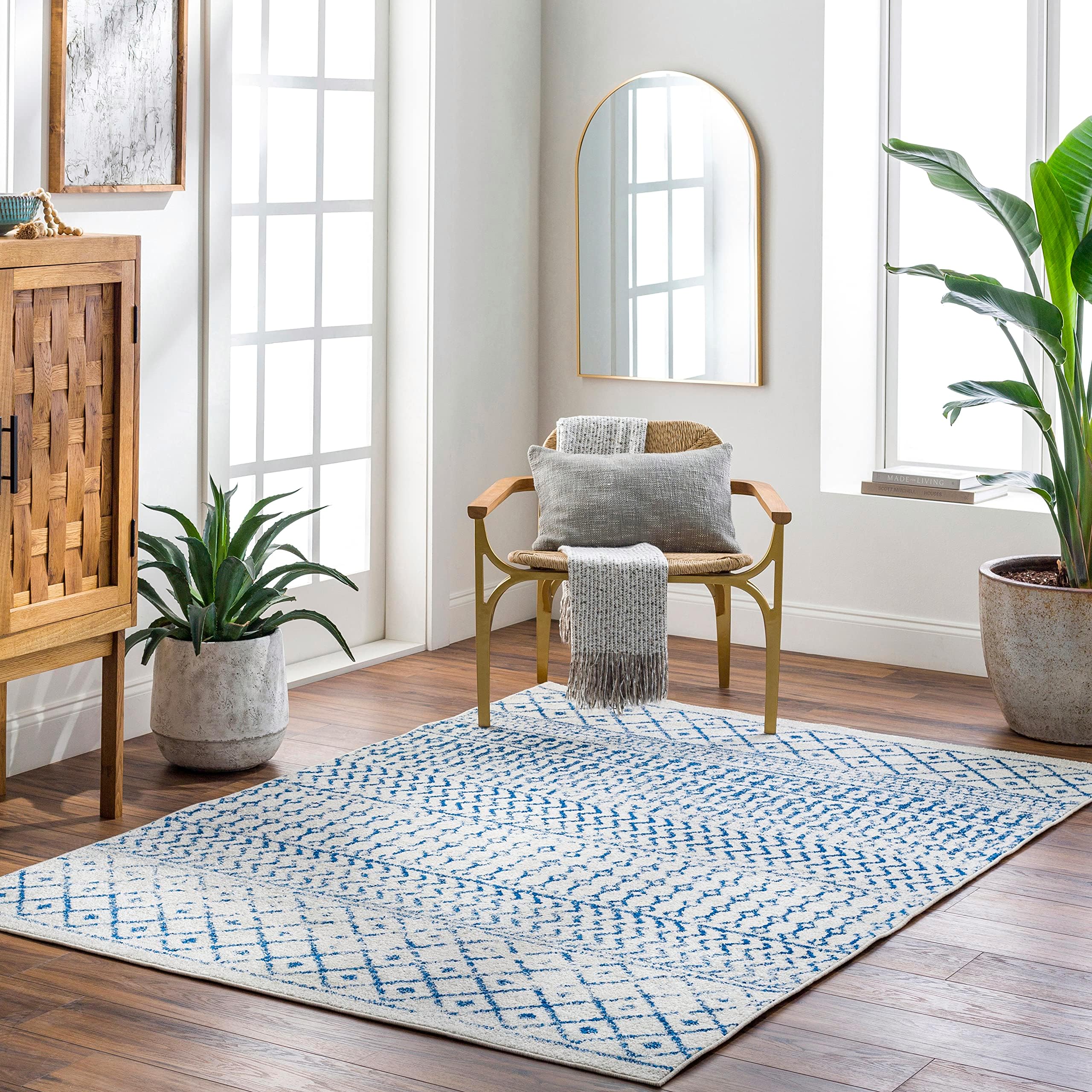 LivablissChester Boho Moroccan Area Rug, 5'3" x 7'6", Cream/Royal Blue