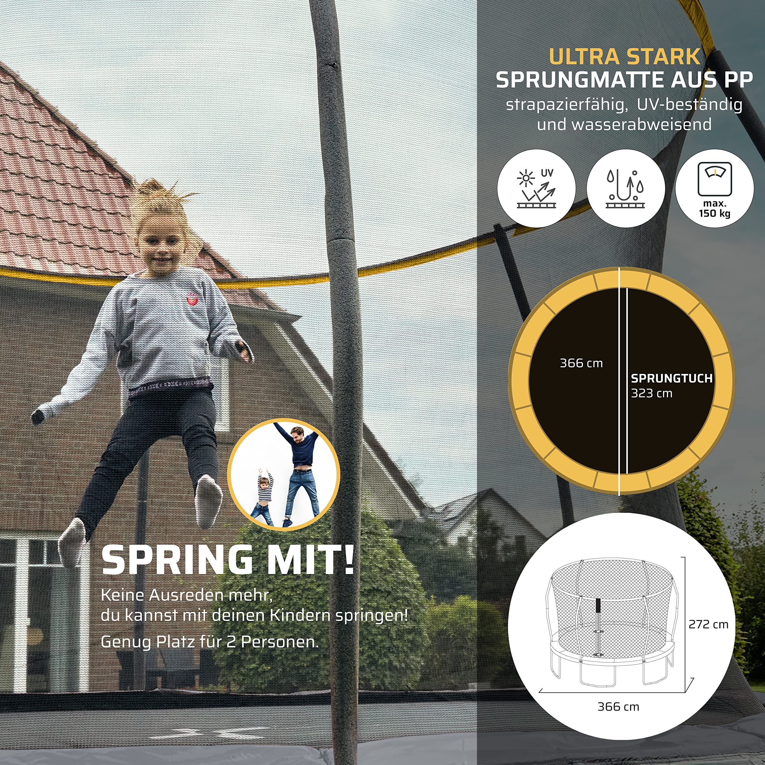 SportPlus Trampolin Outdoor 305cm & 366cm, mit Randabdeckung, Außenstangen & Innennetz, stabile Rahmenkonstruktion, Gartentrampolin, auch für Erwachsene bis 120/150kg - GS Zertifiziert