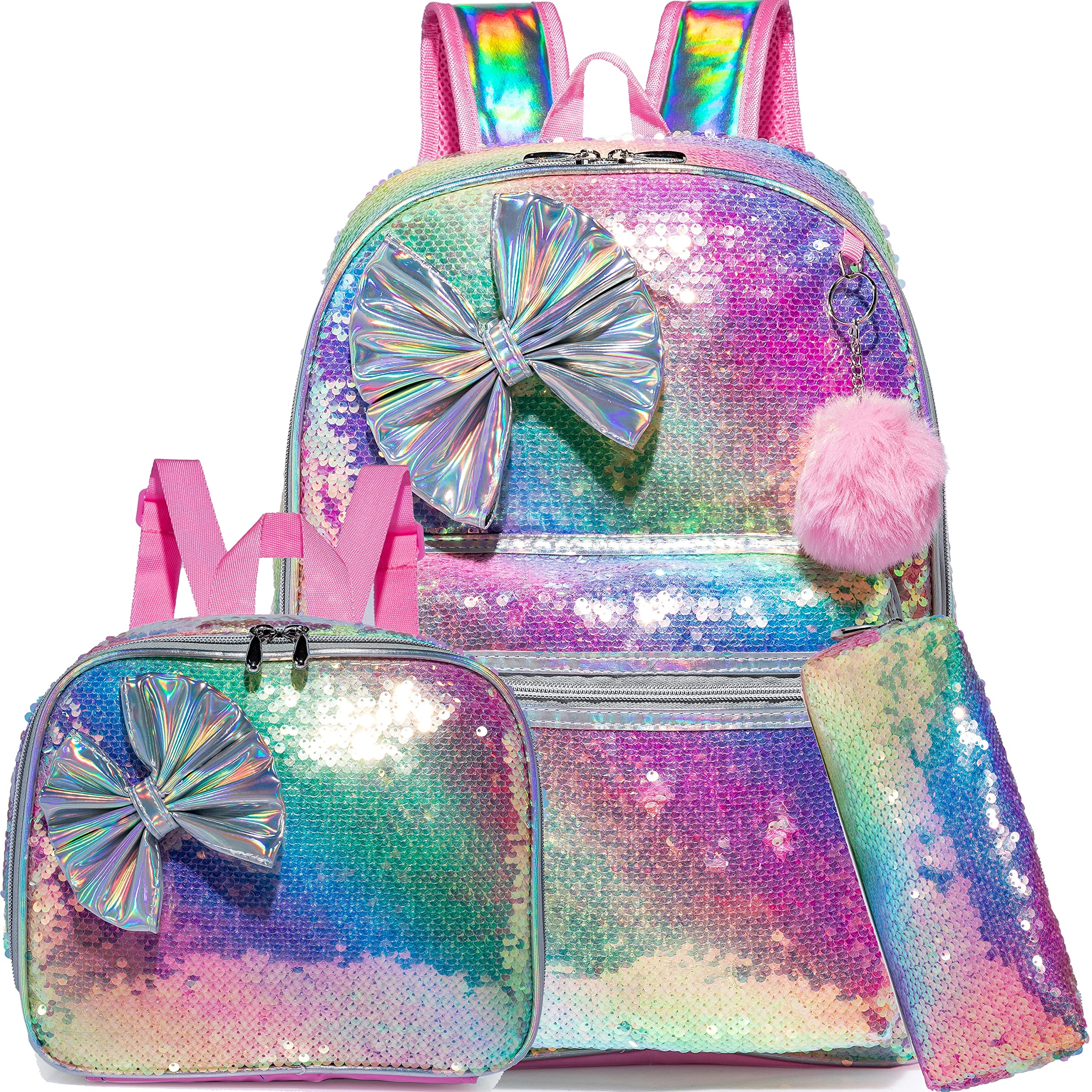 Backpack for Girls 16" Backpacks for Girls for School Sequin Backpack with Lunch Box for Elementary Students