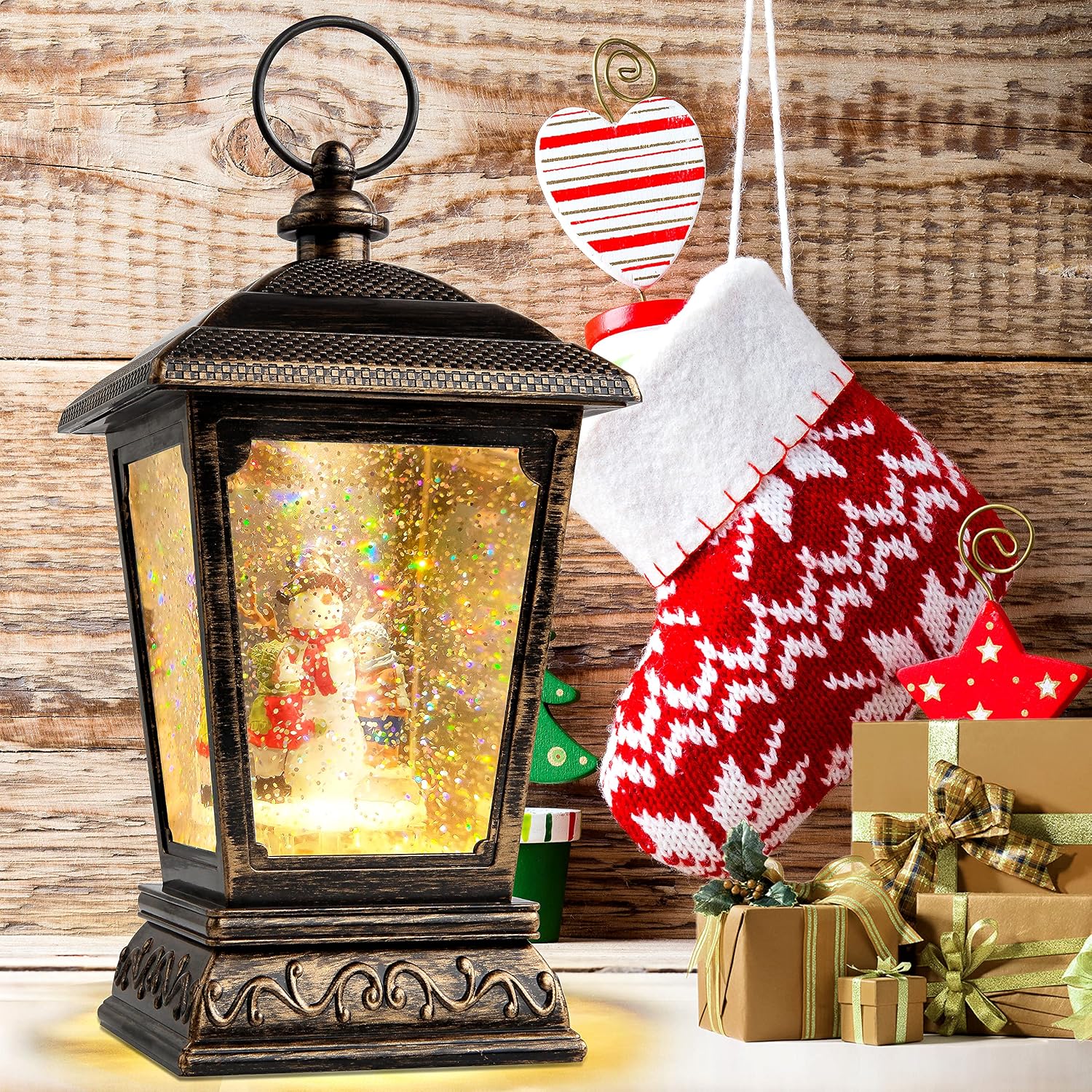[Updated 2022 Version] Christmas Snow Globe Lantern with Swirling Glitter Water, Retro Snowman Family Xmas Hanging Lantern for Christmas Home Decoration, Holidays Tabletop Decor (Retro-Snowman)