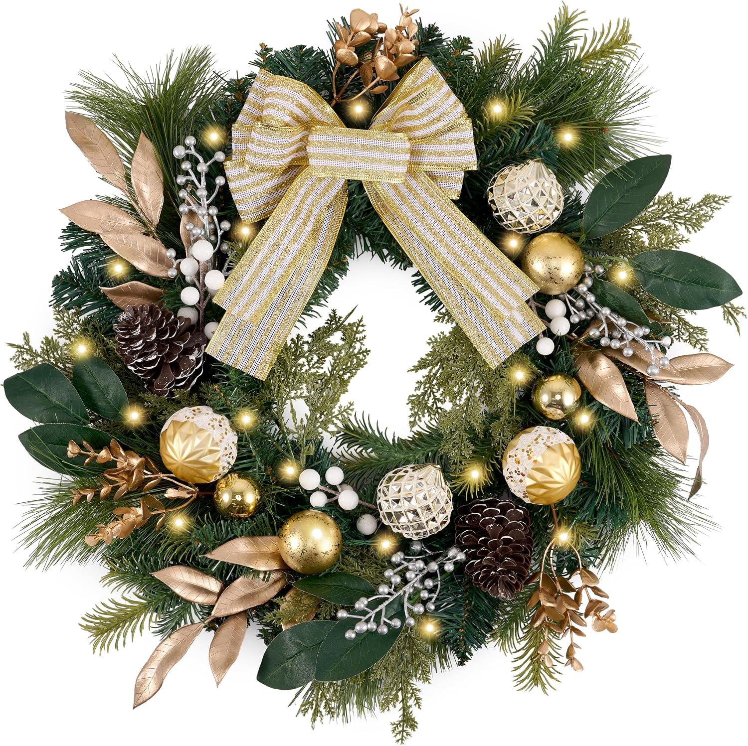 DecorbyHannah 20" Prelit Christmas Door Wreath with Light (Gold)