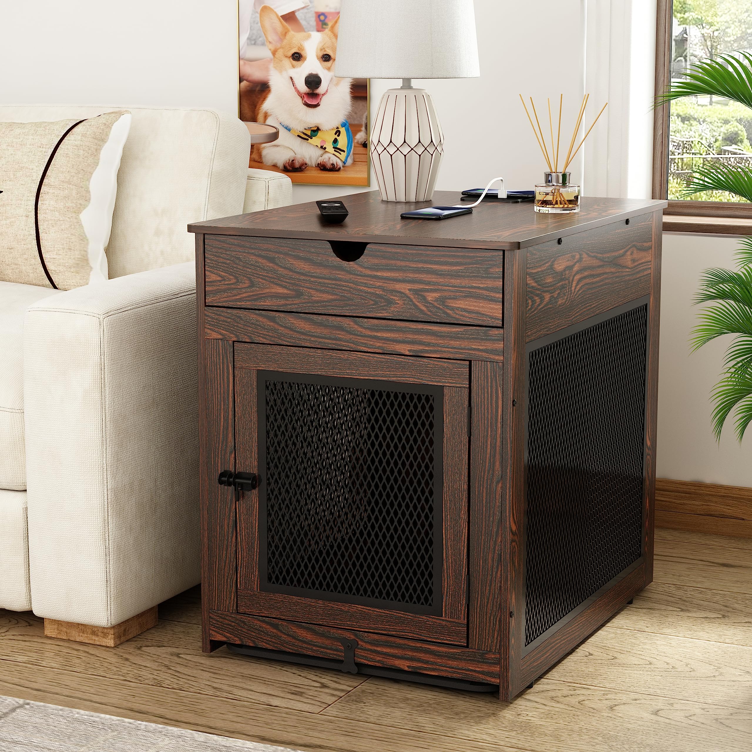 Piskyet Dog Crate Furniture,Wooden Dog Crate End Table with Storage Drawer&Cushion&Tray, QC3.0 Wireless Charging,Dual USB,Medium Dogs Rustic Style