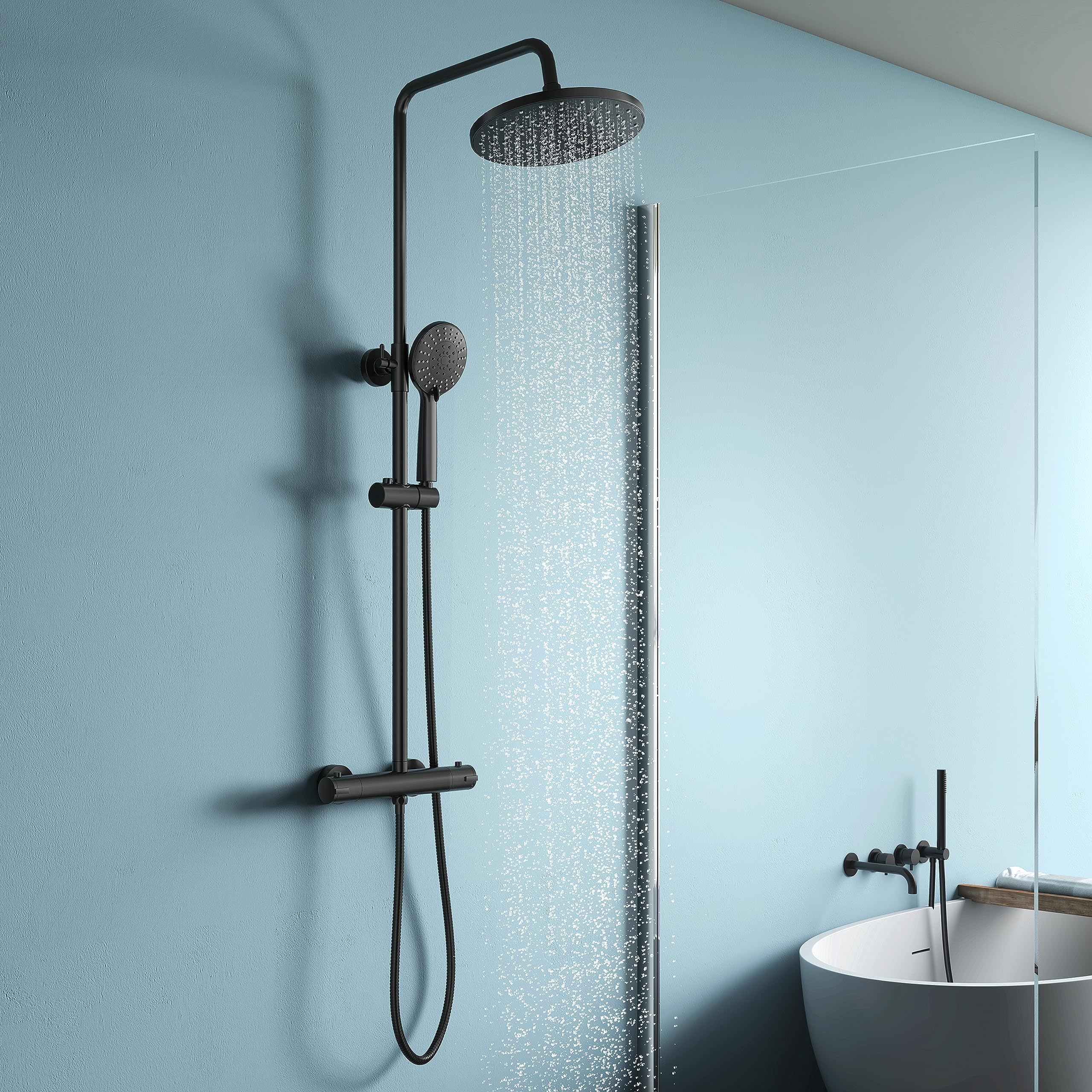 YOOZENA Thermostat Shower,Shower Set with Overhead Shower,Thermostatic Shower Mixer,Adjustable Height Shower Mixer Set for Bathroom,Black