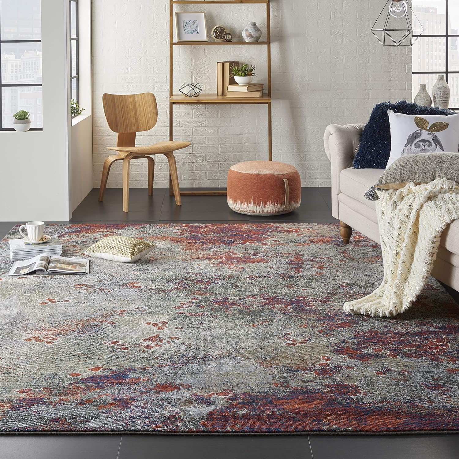 Seafoam and Brick Abstract Wool Blend Area Rug, 9' x 12'