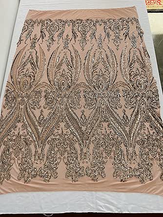 Empire Damask Design with Sequins Embroider On A 4 Way Stretch Mesh Fabric (1 Yard, Purple on Purple Mesh)