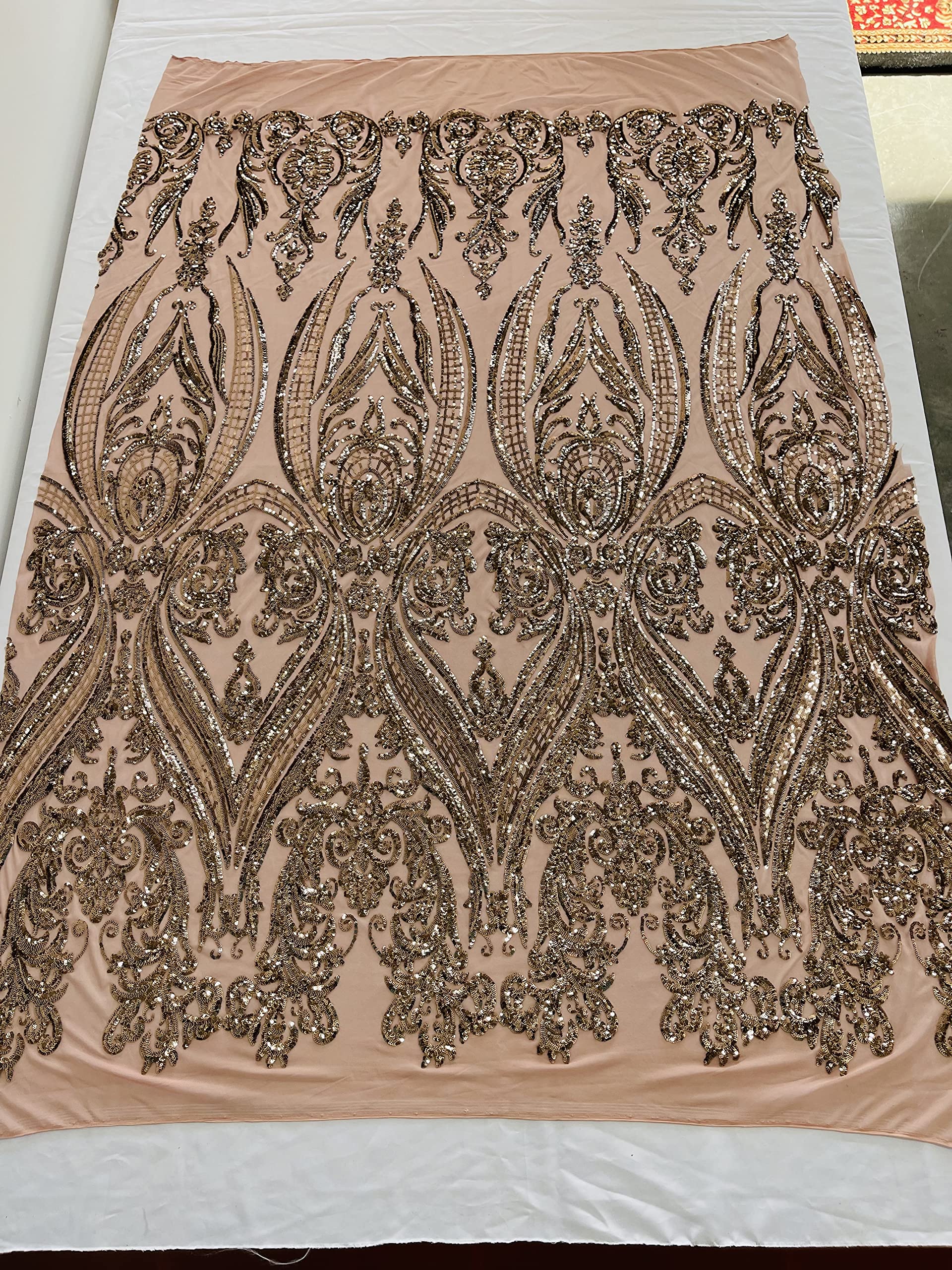 New Creations Fabric & Foam Inc, Empire Damask Design with Sequins Embroider On A 4 Way Stretch Mesh Fabric (1 Yard, Champagne on Dark Nude)