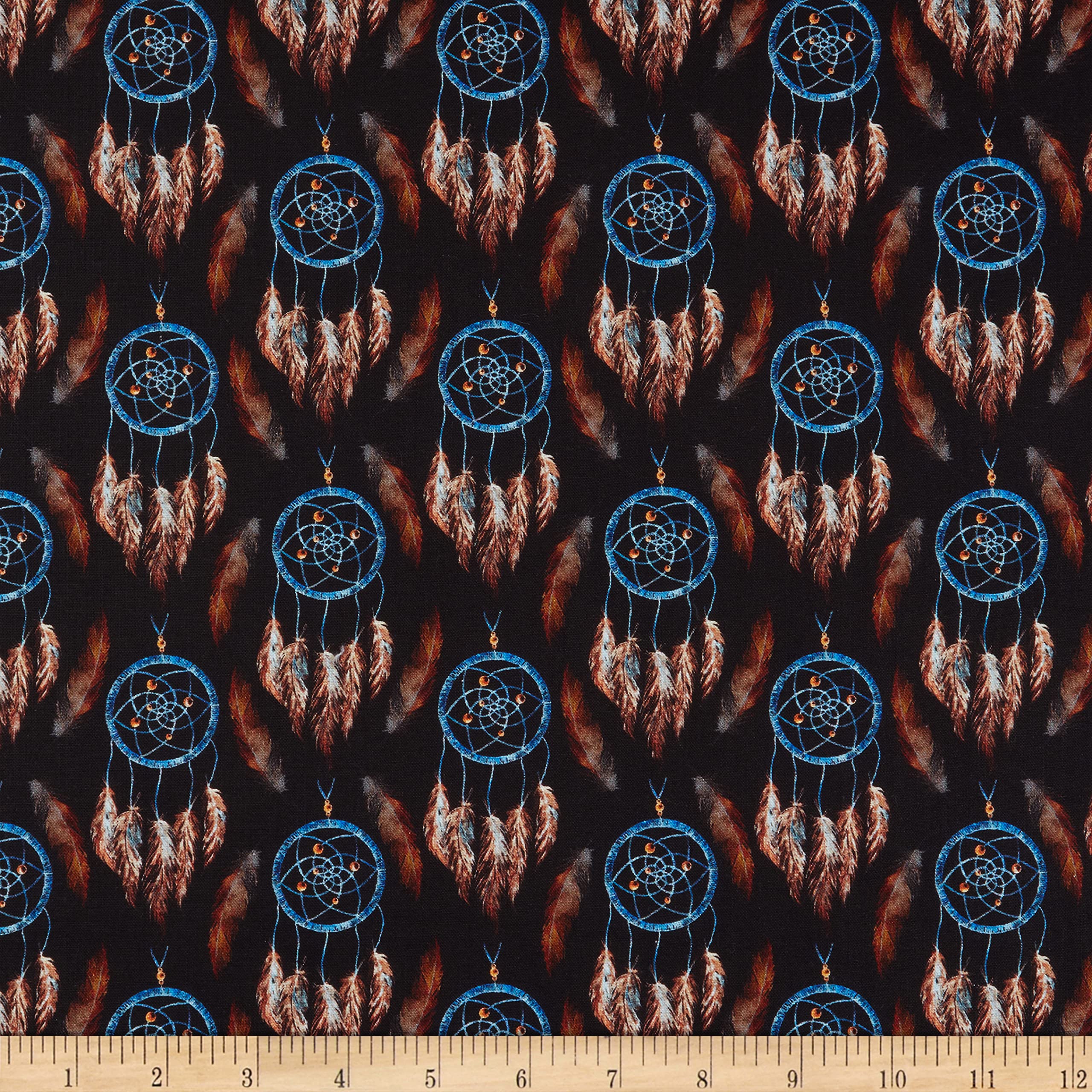 Cotton Feathered Dreamcatchers Black Fabric by The Yard