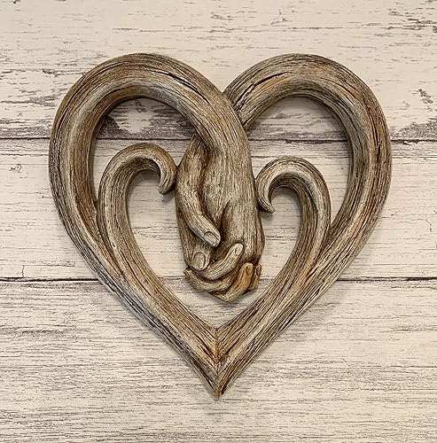 Miniatura 3 de Top Brass Heart Holding Hands Wall Decor Decorative Art Sculpture - Faux Wood Finish - Forever Love