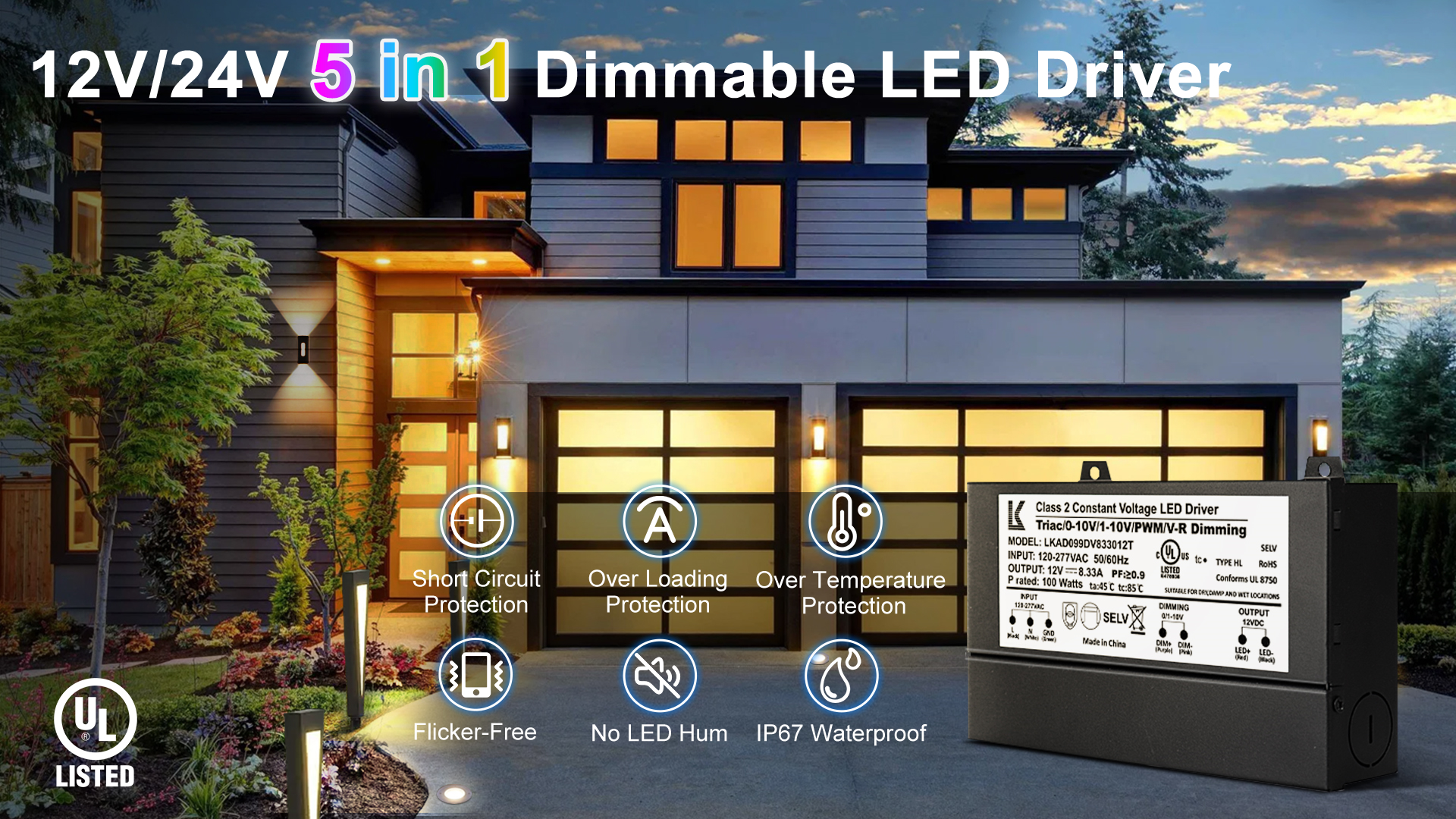 Image of 24V 100W Dimmable LED Driver, 5-in-1 Triac /ELV /MLV / /0-10V /1-10V /PWM /V-R Dimming AC to DC Power Supply, IP67 Waterproof LED Transformer, UL Listed, Compatible with Lutron & Leviton Dimmer
