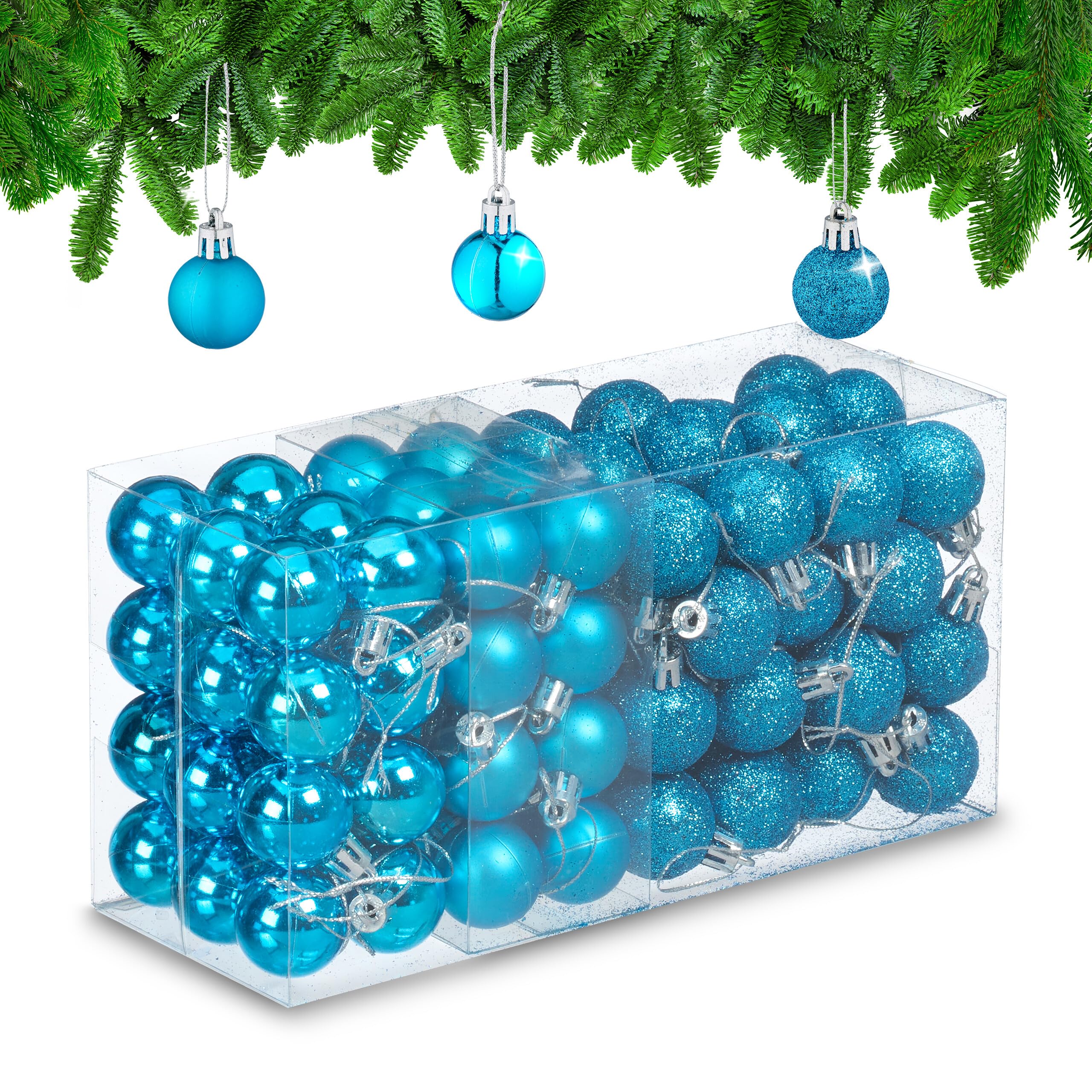 Relaxdays Christmas Baubles, Set of 96, Glittering, Matt and Sparkles, Plastic, Traditional Spheres, Decorations, Petrol