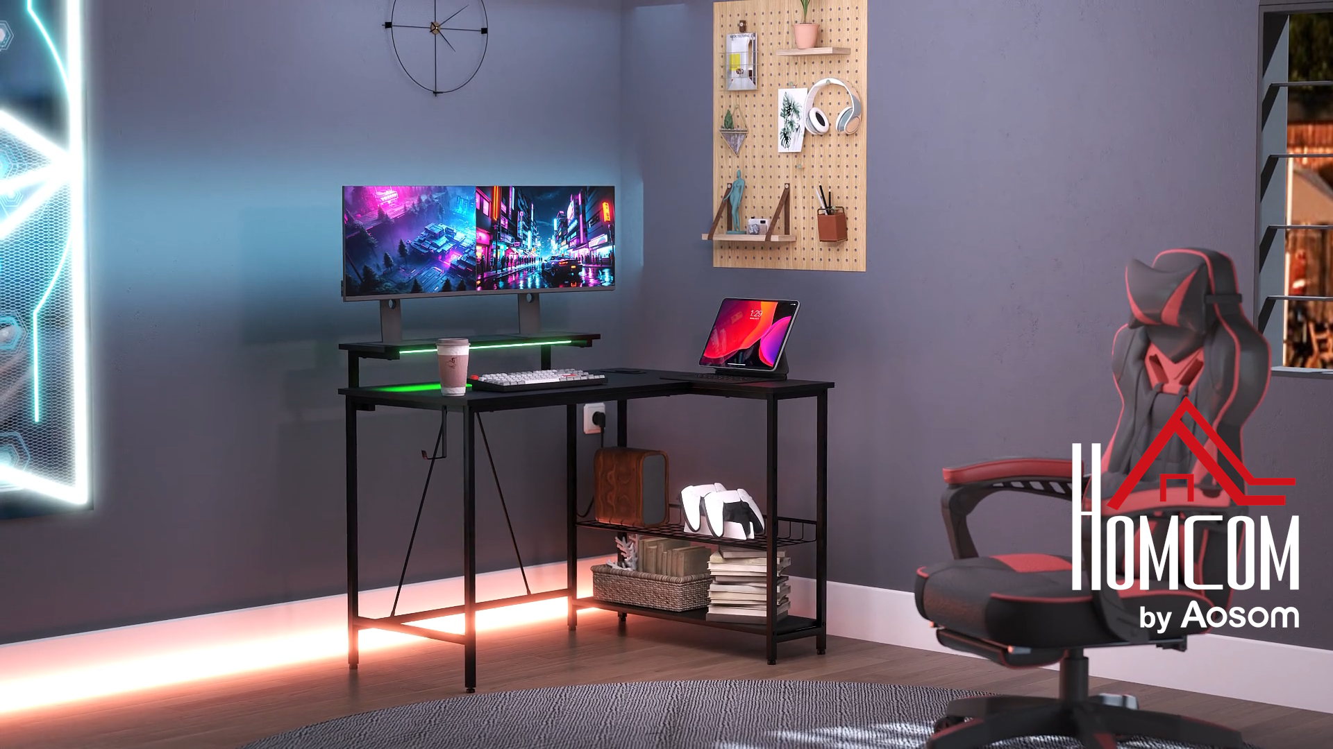 HOMCOM Scrivania Angolare Reversibile Con LED, Prese Di Corrente E Prese Usb Ripiani E Supporto Monitor Nero 92723669