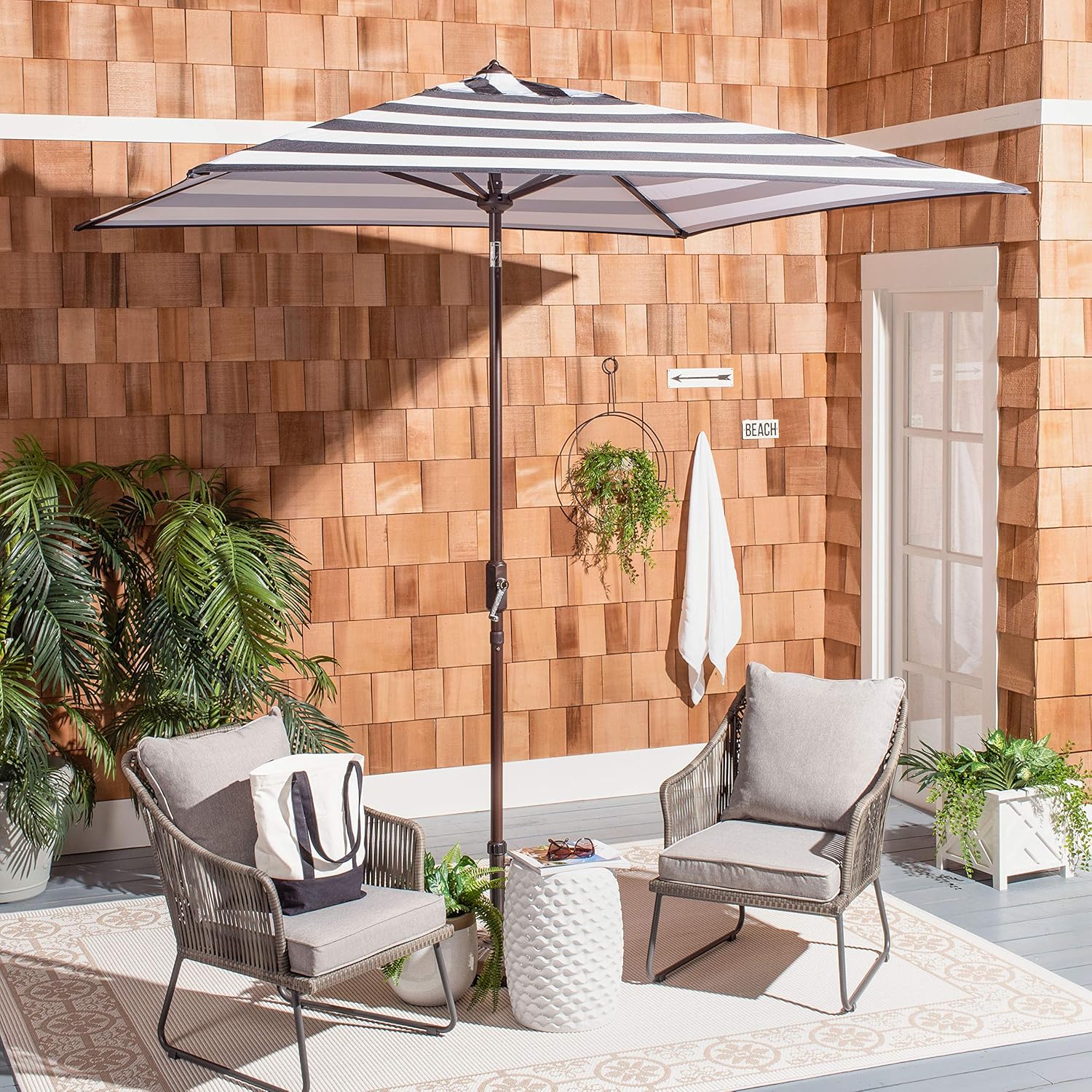 SAFAVIEH 7.5ft Outdoor Patio Umbrella, Square, Iris Collection, Black & White Stripe, Auto Crank Tilt, UV Resistant for Deck, Backyard, Poolside (PAT8404A)