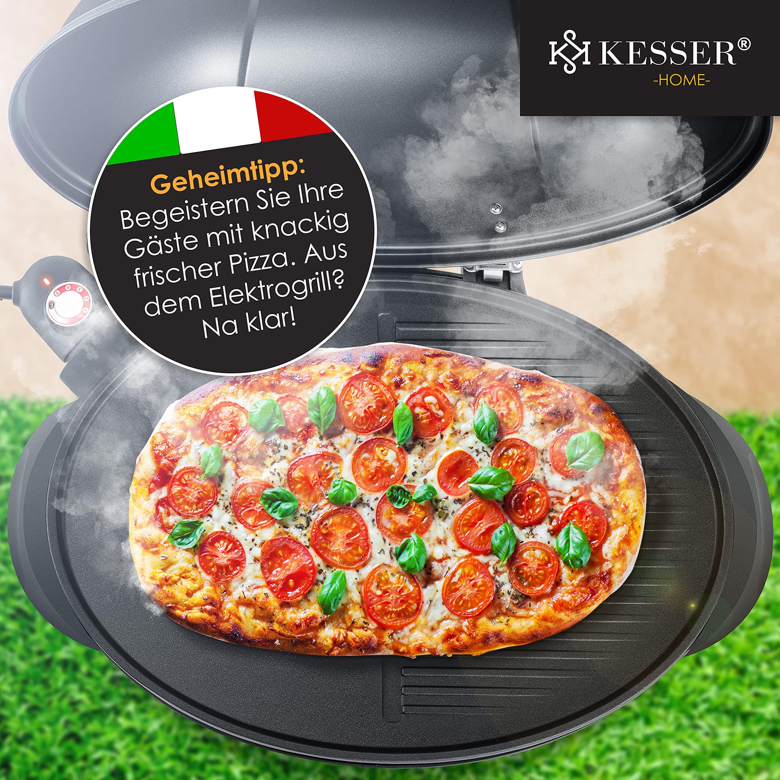 KESSER® elektrischer Elektrogrill 2in1 Tischgrill - Standgrill mit Deckel Standfuß | max. 2400 Watt Thermometer | Antihaftbeschichtung | XXL Grillplatte | integrierte Ablagefläche Elektro-Säulengrill